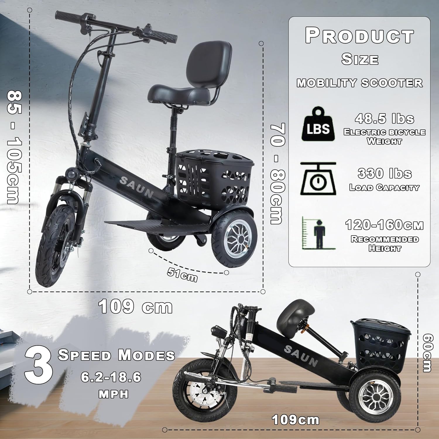 saun Electric Scooter with Seat, Max 15/20/30miles&20mph, 12