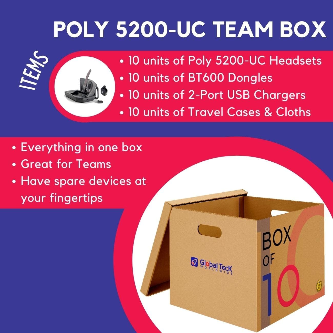 Carton of 10 Poly Plantronics Voyager 5200 UC Bluetooth Headset Bundles - Wall Chargers, USB Dongles, Charging Cases for Yealink, Poly, Avaya J179, Smartphones, PC, MAC, Tablet, Softphones, Zoom