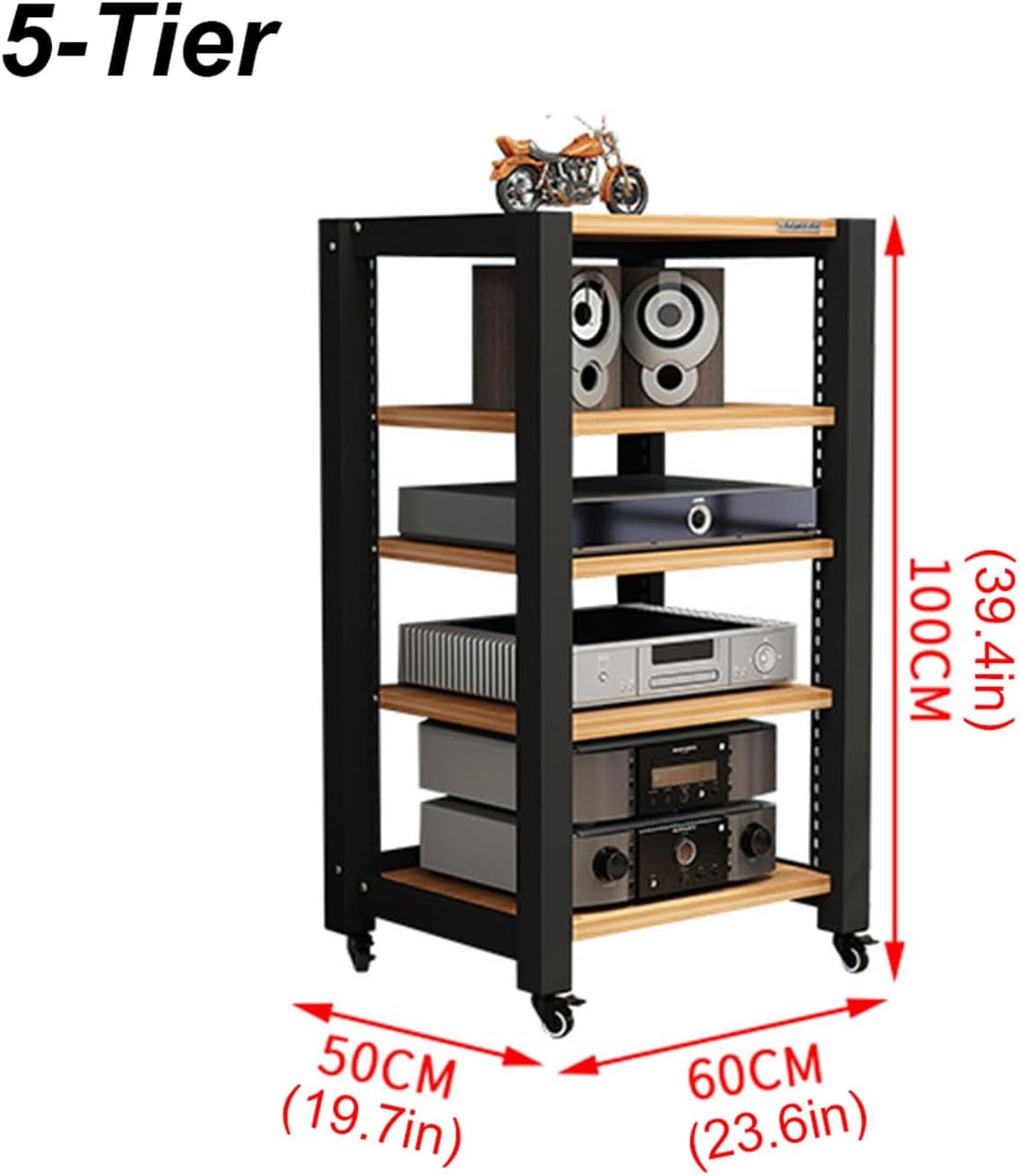 5-Tier Movable AV Media Player Stand Corner Audio Tower Component Cabinet Stereo Stand Adjustable Open Storage Rack with Wooden Shelves and Steel Frame for Home/Office/Theater (Color : A)