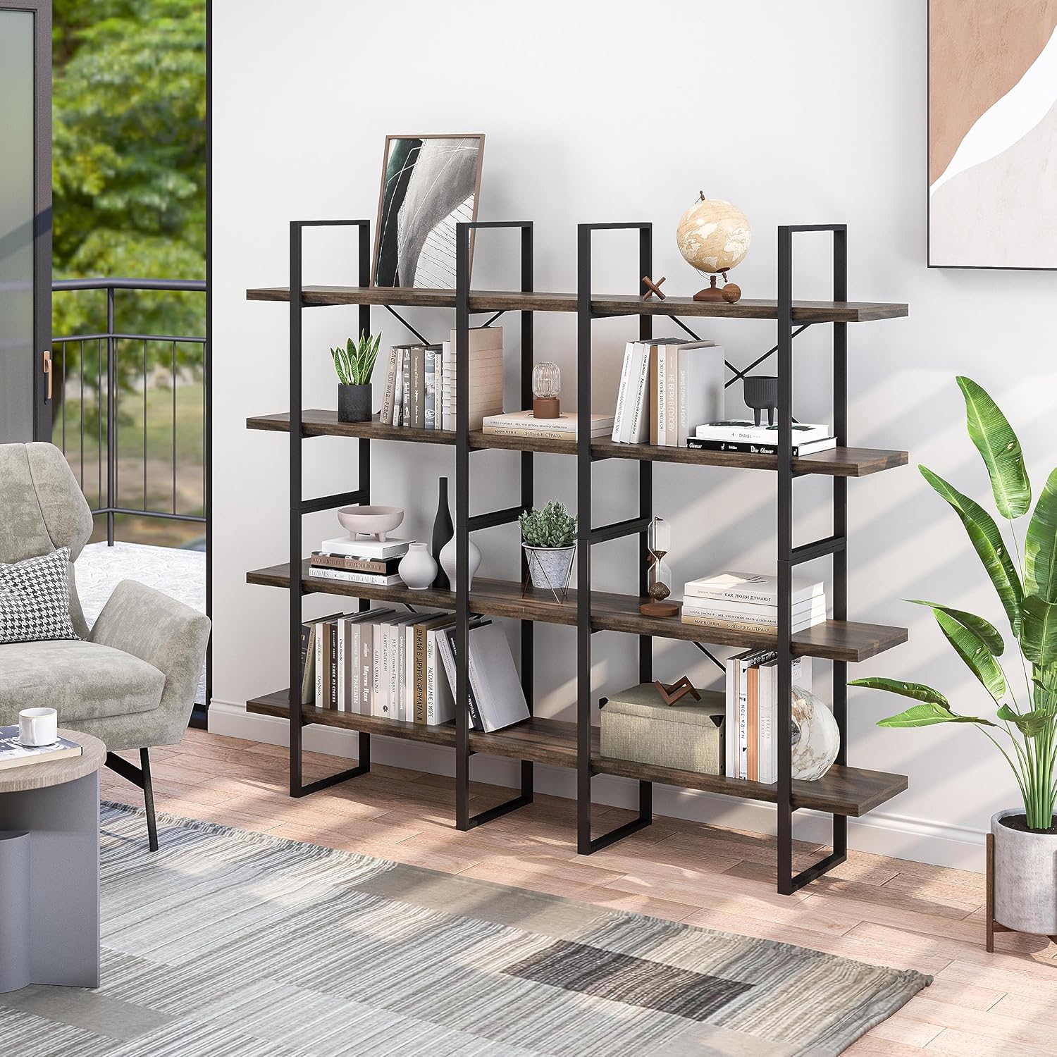 Large Double bookcases with 8 antigue Wood Shelves for Living Room - 82.68x11.34x56.69 inches