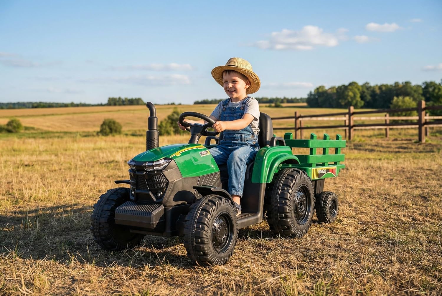 Kids Electric Ride On Tractor, 12v Battery-Powered 4 Wheels Ride On Car with Trailer, 35W Dual Motors/3-Gear-Shift/LED Lights/USB for Toddlers 3-6 Boys/Girls