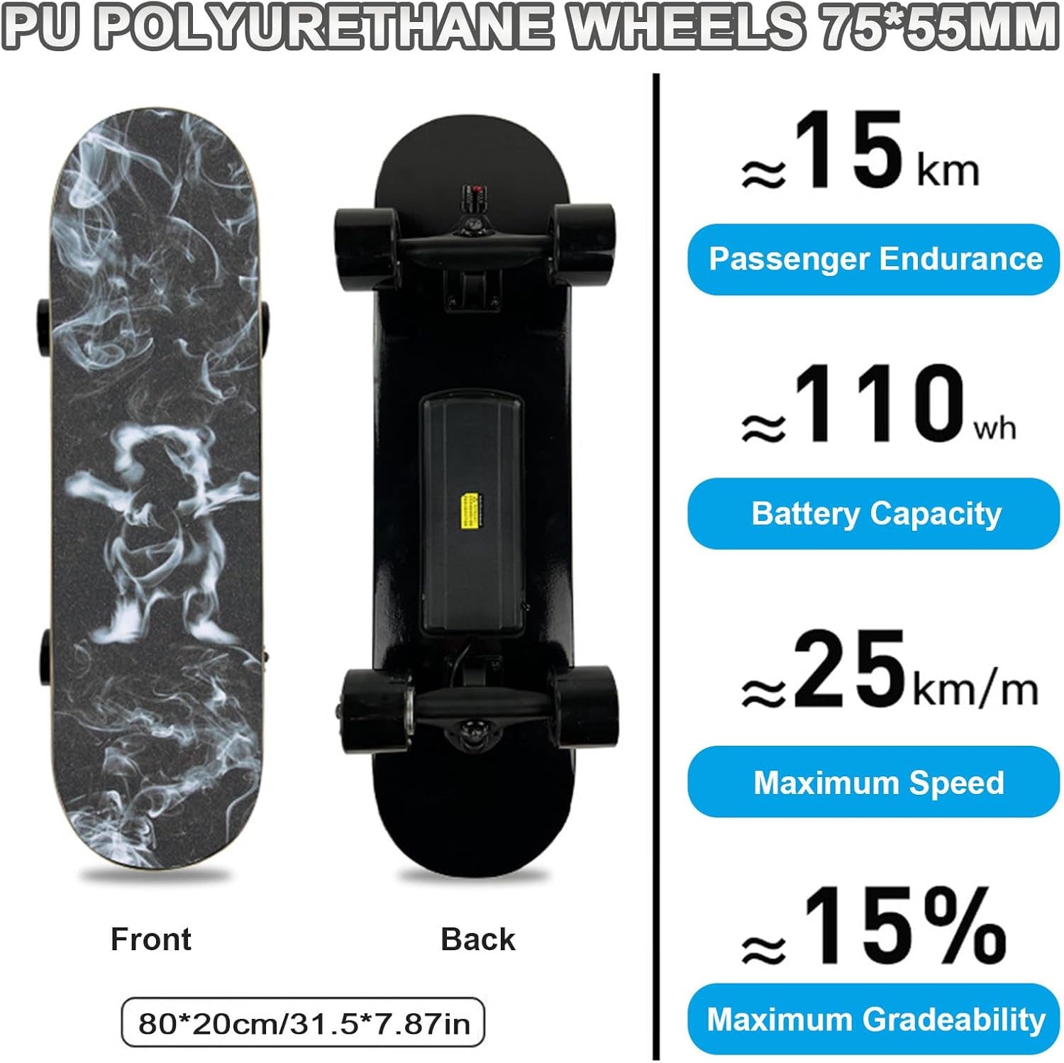 Electric Skateboard – Single/Dual Hub Motor, 15.5 MPH Top Speed, 9.3 Mile Range, 110wh Fast Charge Battery, 4 Speed Modes, Remote Control, Auto Start, for Adults & Teens D-Dual-Motor