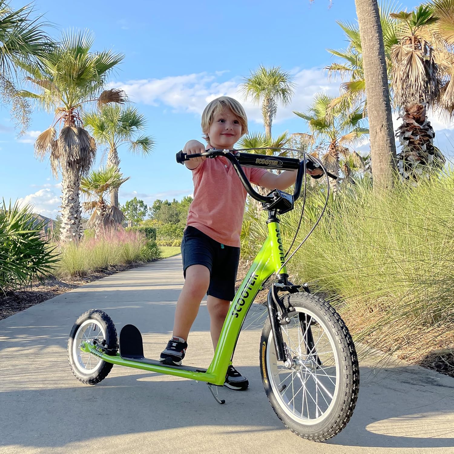 Youth Scooter for Kids with Adjustable Handlebar, Dual Front & Rear Brakes, Inflatable Rubber Wheels, Sturdy Aluminum Frame, Non-Slip Pedal, Green Kick Scooter