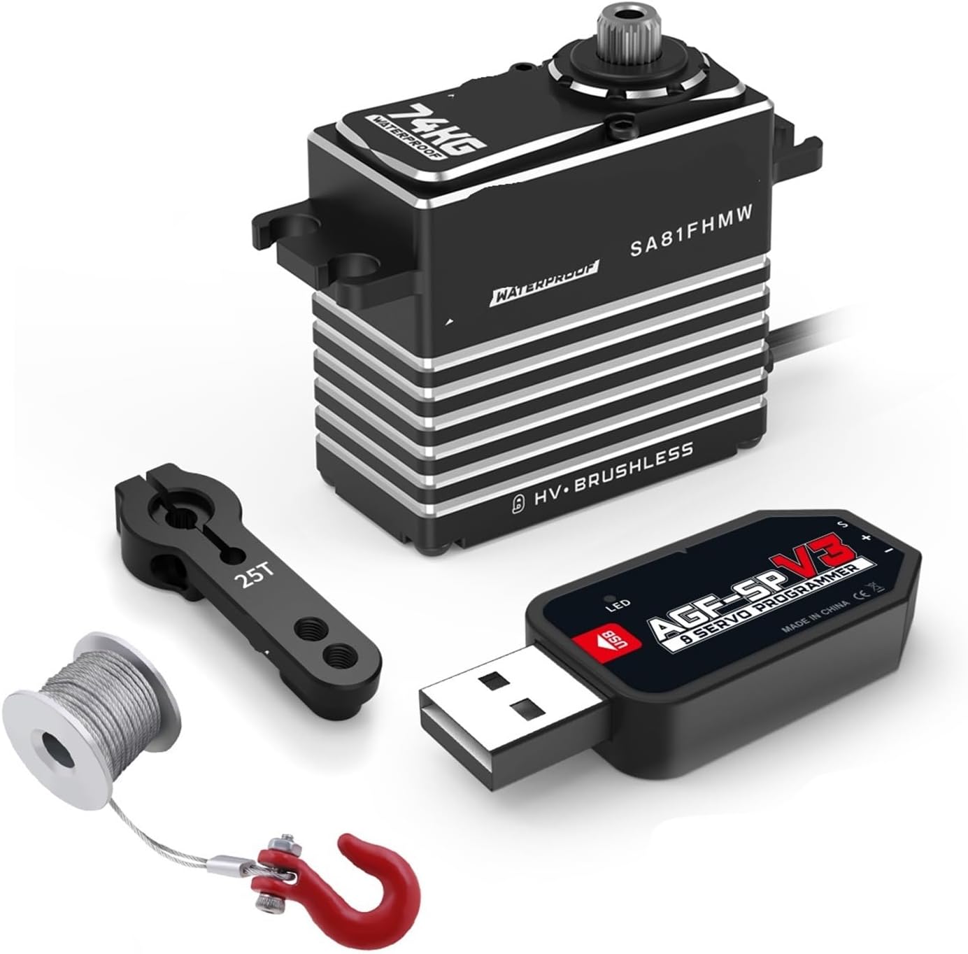 SA81FH HV 0.125Sec 74KG High Torque 4 Pole Brushless Motor IP67 Waterproof Programmable Conventional and Winch RC Smart Servo(Winch Mode Set2)