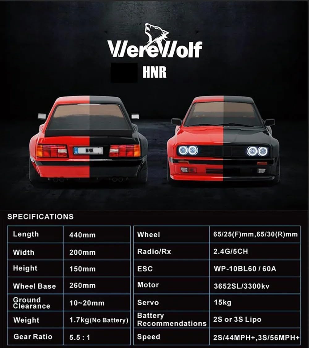 HNR Werewolf 1/10 Scale 4WD Brushless RC Race and Drift Car, 60A ESC, 3300KV Motor, 2.4G Remote, LED Lights, Racing and Drift Tires (red)