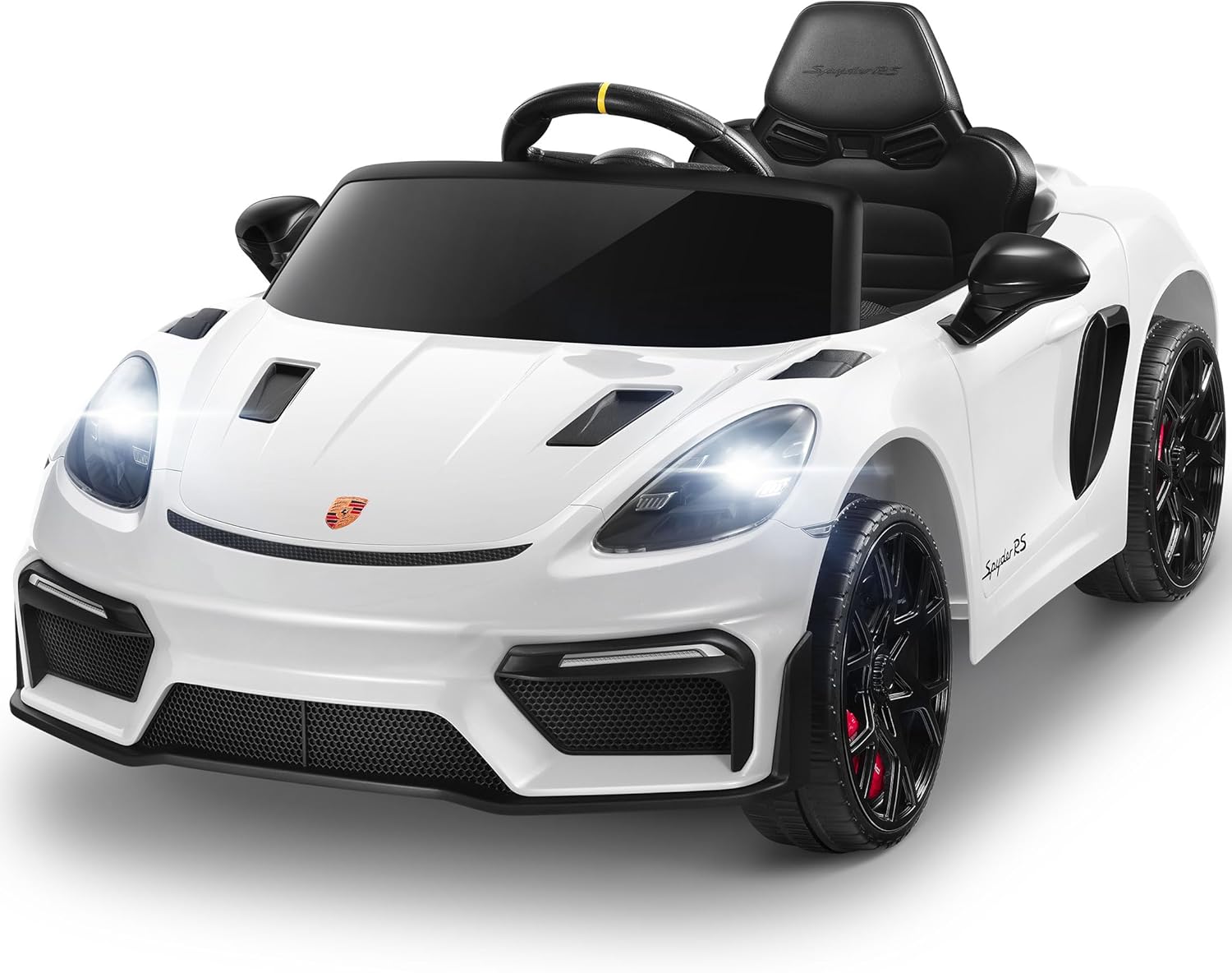 ENYOPRO Licensed Porsche 718 Spyder RS Ride-On Electric Car for Kids with Remote Control, 12v Ride On Toys for Toddlers, Electric Power Vehicle w/Trailer Wheels, Bluetooth/USB/AUX, LED Lights, White