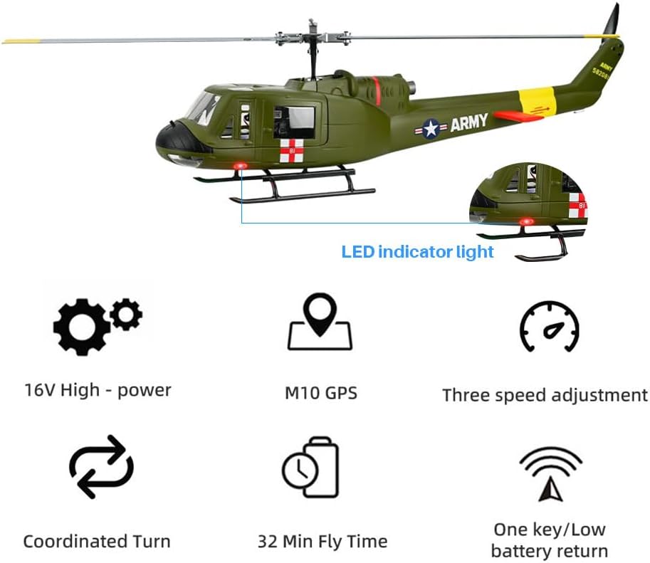 FLYWING UH1 RC Scale Helicopter with ACE Flight Control LED Light Two Blade GPS Metal Rotor 450 6ch RC Helicopters Iroquois 450L UH1 V4 Huey Helicopters RTF-Helicopter (Green)