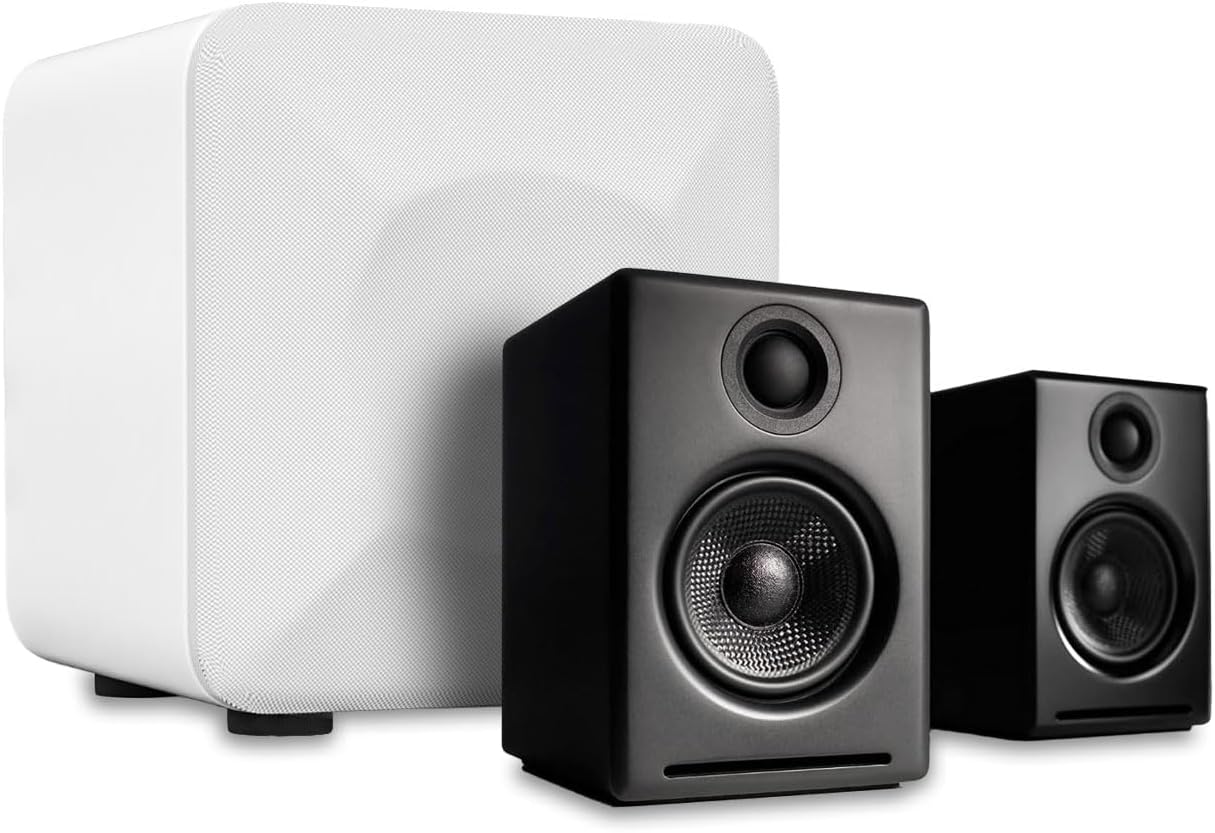 Audioengine A2 Black 24 Bit Pc Speakers for Desktop and S6 White Subwoofer for Music Gaming Movies Studios Dorms Bedrooms Offices
