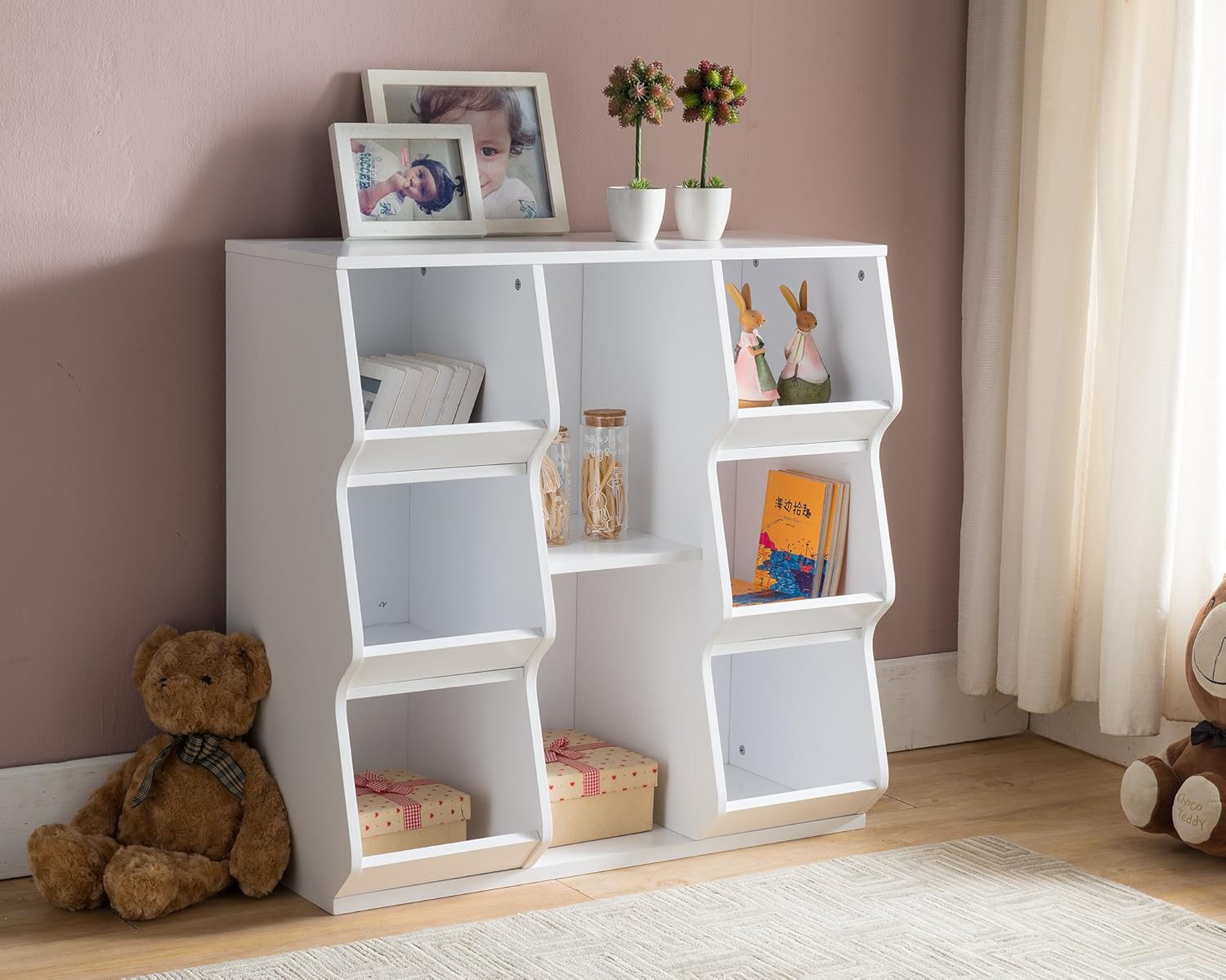 KB Designs - Kids Cubby Wood Geometric Storage Bookcase with 8 Shelves, White