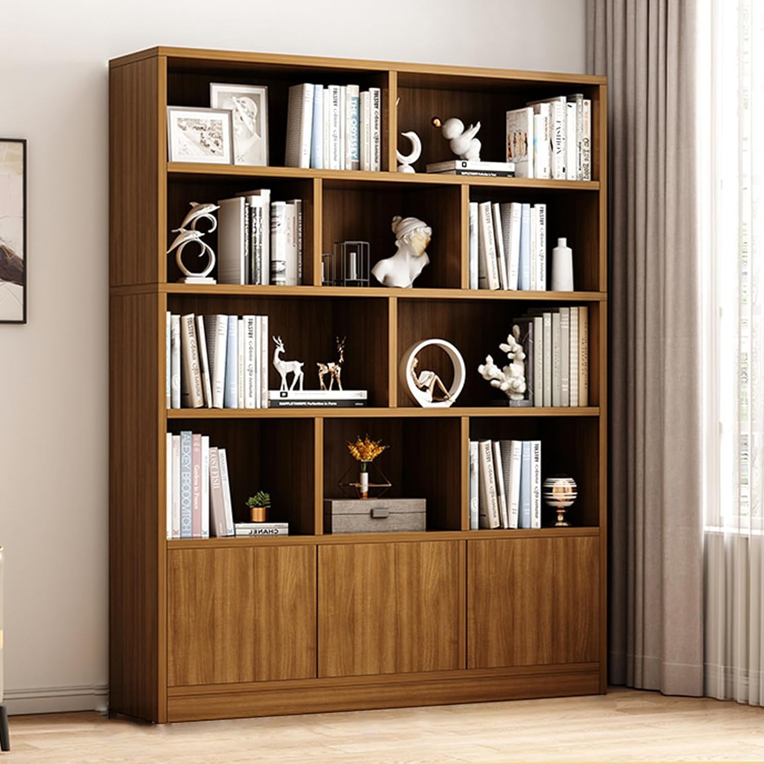 Industrial Bookshelves and Bookcases with Doors Floor Standing 4 Shelf Display Storage Shelves,Suitable for Home Office and Living Room Decorative Furniture 100x24x180cm/L39.3xW9.4xH70.8in FieldOak