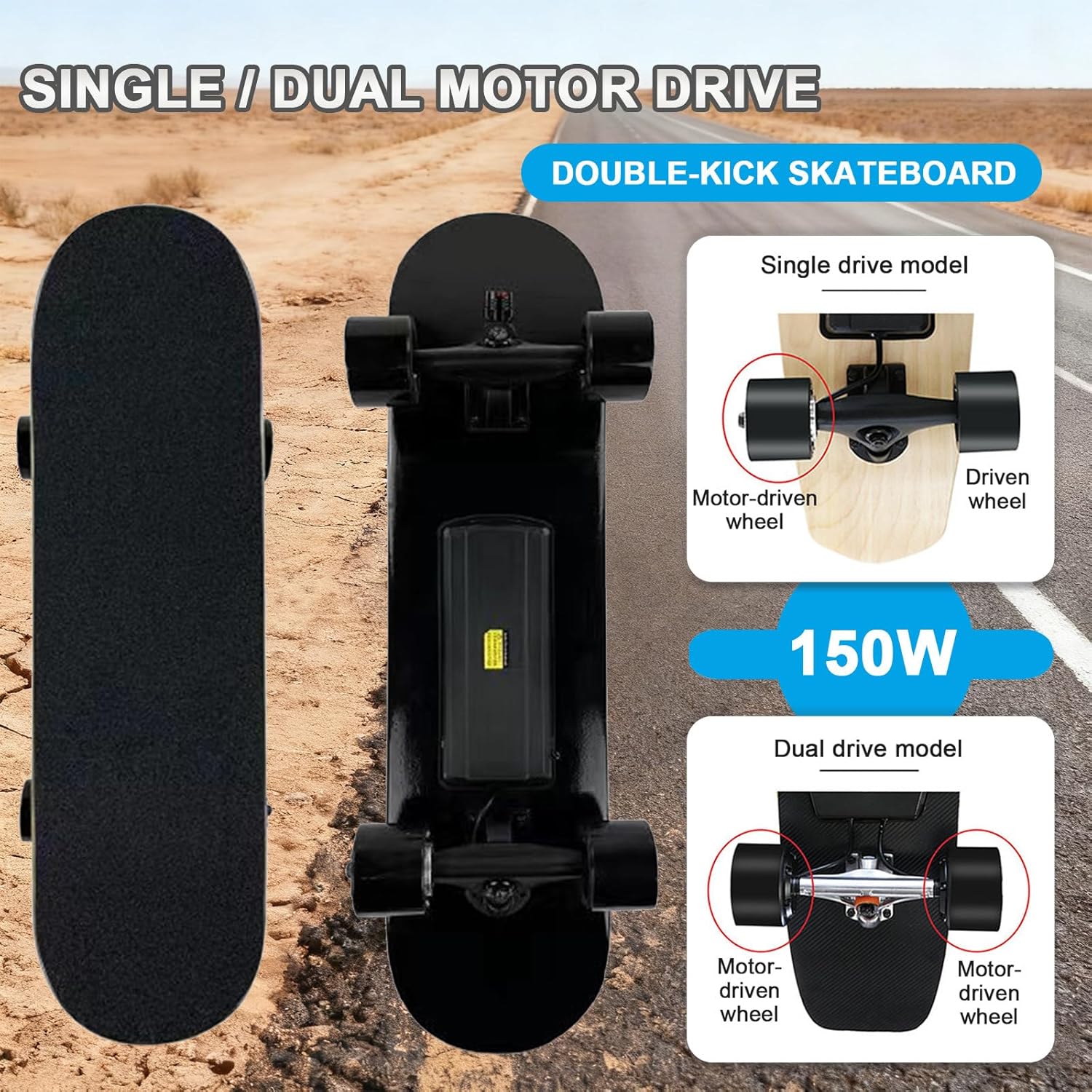 Electric Skateboard – Single/Dual Hub Motor, 15.5 MPH Top Speed, 9.3 Mile Range, 110wh Fast Charge Battery, 4 Speed Modes, Remote Control, Auto Start, for Adults & Teens D-Dual-Motor
