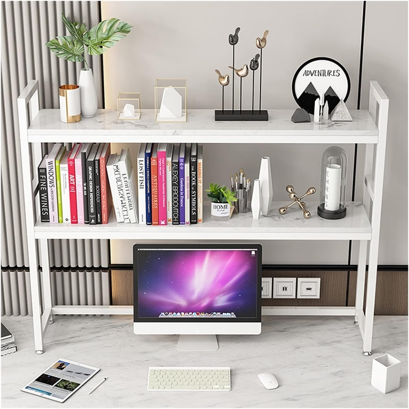 KIZQYN Bookcase 3-Tiers Desktop Bookshelf Storage Organizer Shelves Marble and White Metal Frame Home Office Space Organizer for Storing Books,Files,Office Supplies Bookshelf (Size : 115cmx24cmx83cm)