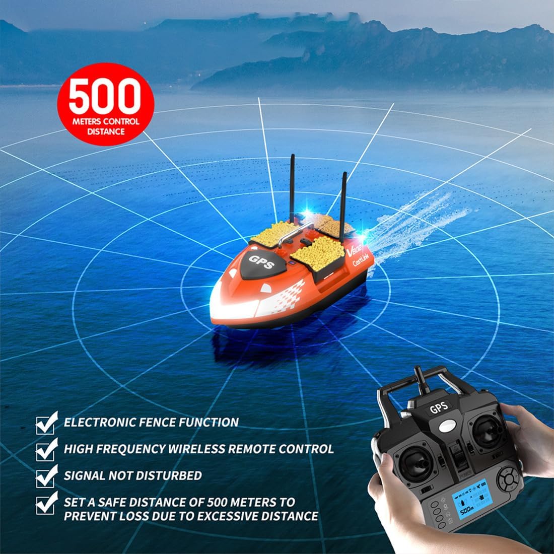 V802PRO GPS RC Bait Boat with 4 Compartments & 3KG Capacity, 500M Remote Control, Auto-Correction & Night Fishing Lights, Professional River Fishing Equipment for Adult Anglers