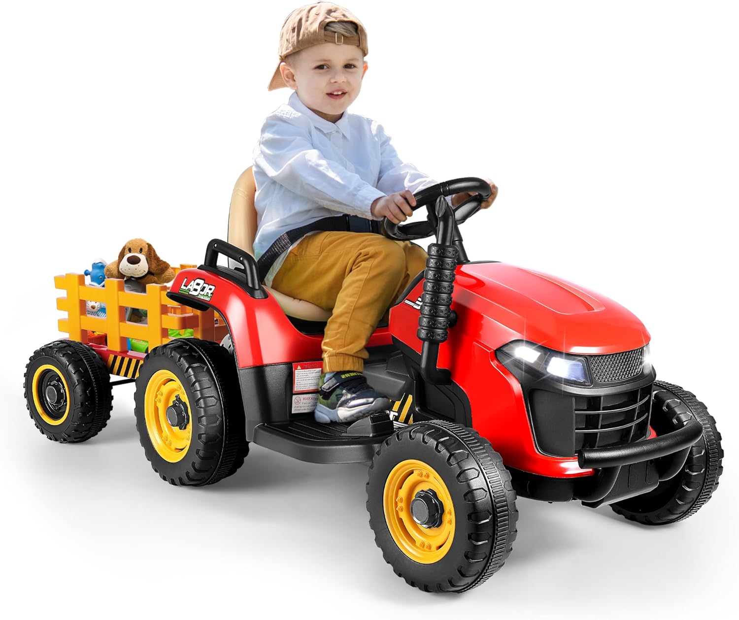 ANPABO Ride On Tractor with Tiltable Trailer, 12V Ride On Toy w/Parent Remote Control, Music Player & Bluetooth Function, Headlight, Battery Powered Electric Vehicle for Kids, Red