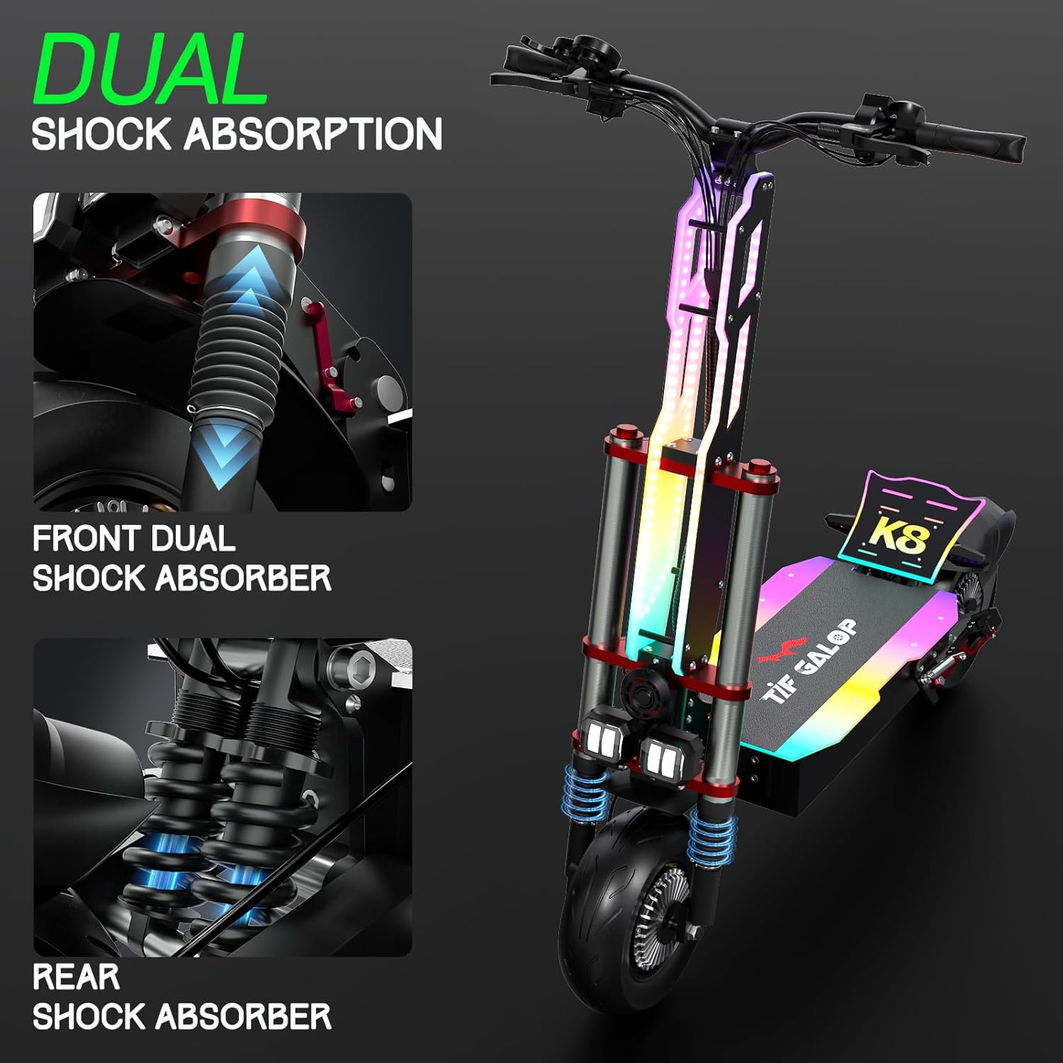 Electric Scooter Adult K8 6000w Dual Motor, Max Speed 50MPH Range 70 Miles, 12 Inch Street Tires Commuter Dual Suspension E-Scooter with Seat and RGB Light