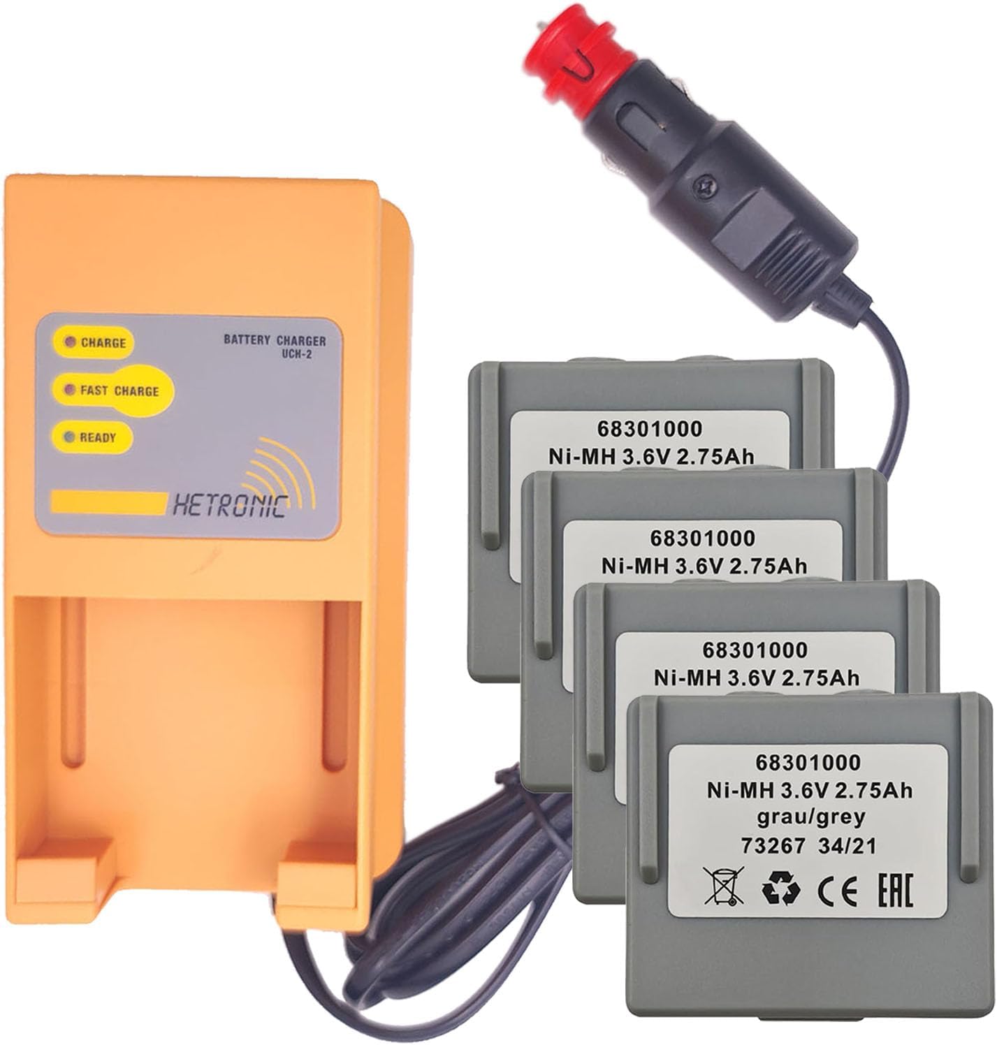 (1 x Charger + 4 x Battery) UCH-2 Battery Charger (Input 10-30VDC Out 300/780mA) with 3.6Volt 68301000 Battery, Hetronic 68301000 Battery with Charger (Car Charger)