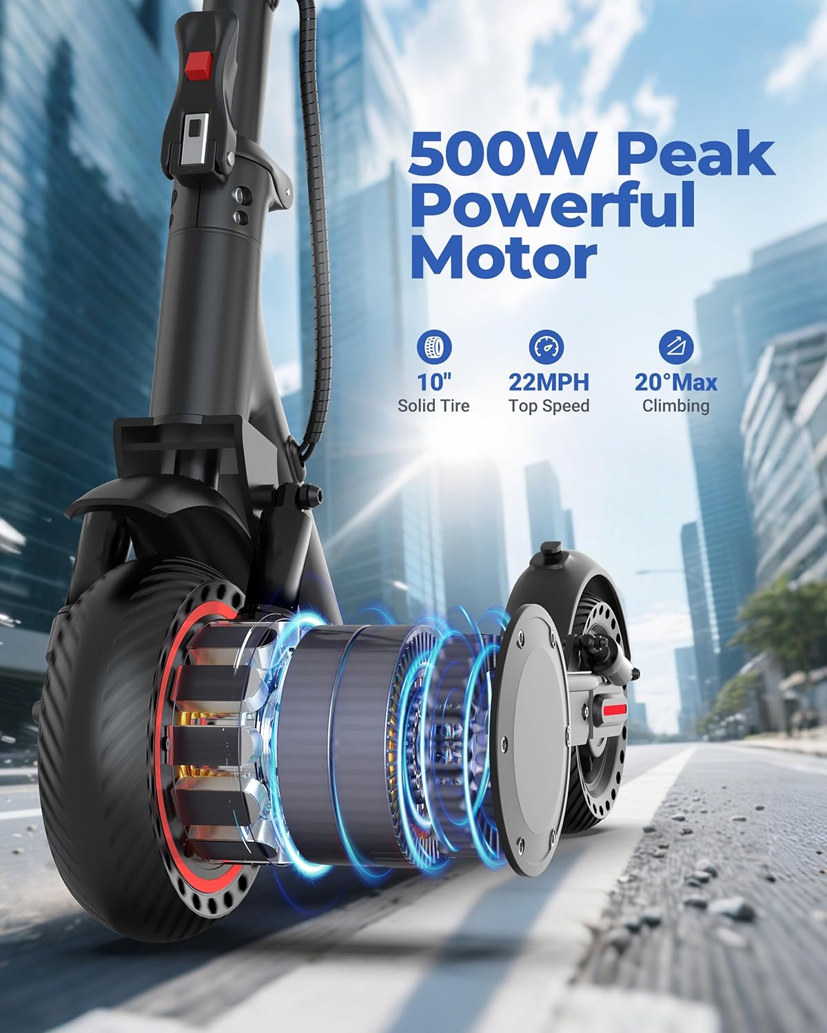 Electric Scooter, 500W Powerful Motor, 19-31 Miles Range, 10