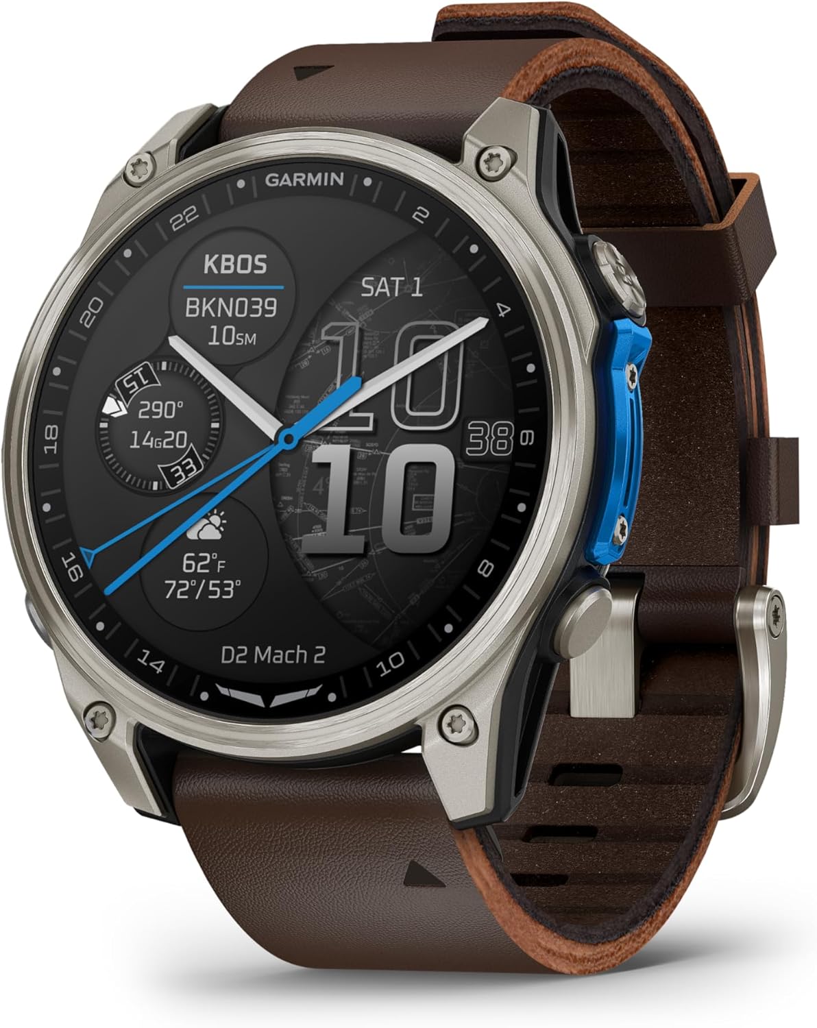 Garmin D2™ Mach 2 – 47 mm, Premium Aviator Smartwatch with GPS, Advanced Flight Maps, LED Flashlight, Built-in Microphone/Speaker for Calls and Texts, Titanium with Oxford Brown Leather Band