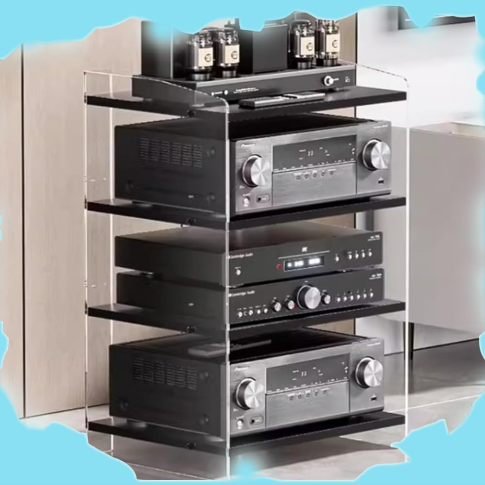 NILZA Acrylic Audio Component Rack 3/4-Layer Audio Rack Media Storage Shelves Adjustable Wooden Shelves Audio Stand Stereo RackMedia Stand for HiFi Audio Equipment(Clear+Black