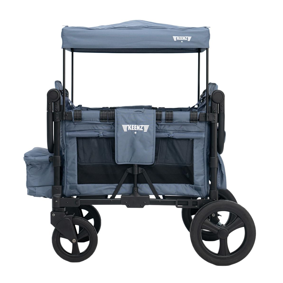 Keenz MOOV 4-Passenger All-Terrain Stroller Wagon with Reclining Seats, Built-in Cooler, Push/Pull Handle, Rubber Wheels, and Activity Tray – Foldable Wagon for Four Kids, Blue