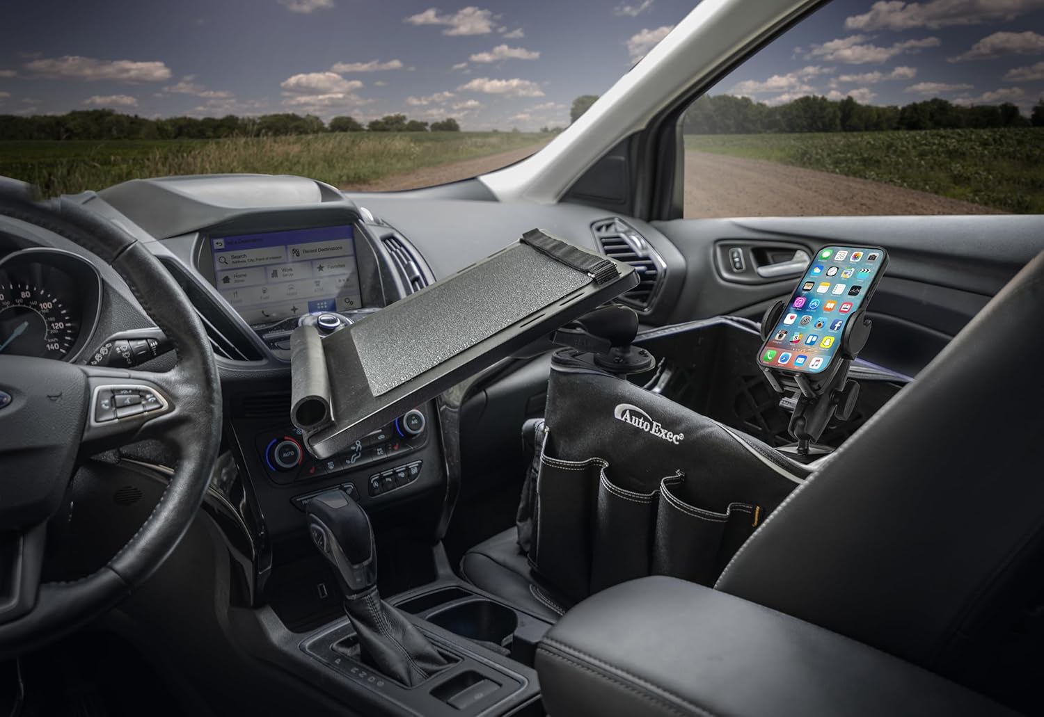 AutoExec Milk Crate Vehicle and Mobile Office Work Station with Apron Organizer, Laptop Tray, 400 watt Power Inverter and Phone Mount