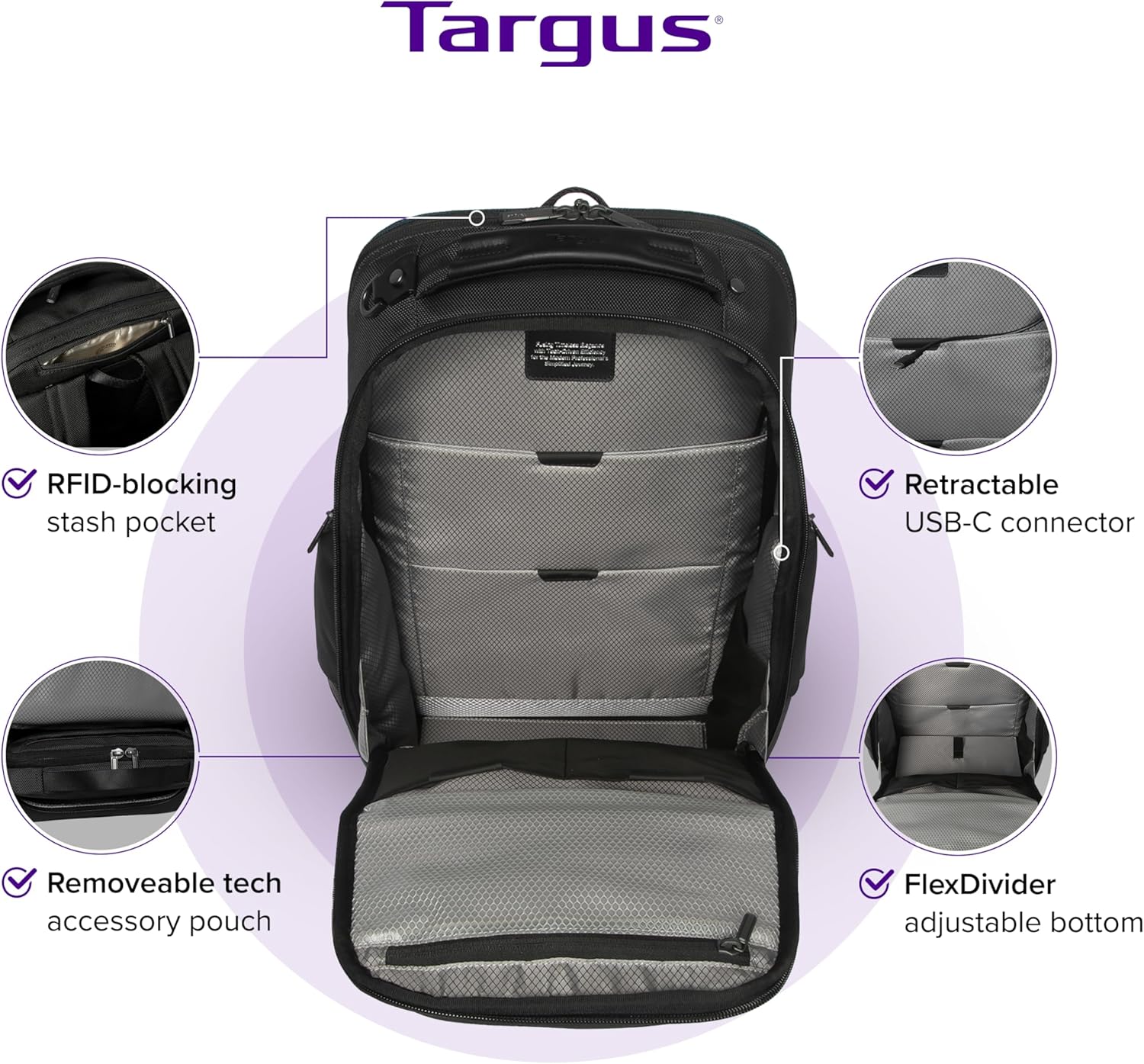 Targus 15-16 Inch Heritage Luxe Backpack, Professional Laptop Backpack with Padded Laptop Compartment, Ergonomic Shoulder Straps, Water-Resistant Fabric, Spacious Storage, Black (TBB656GL)