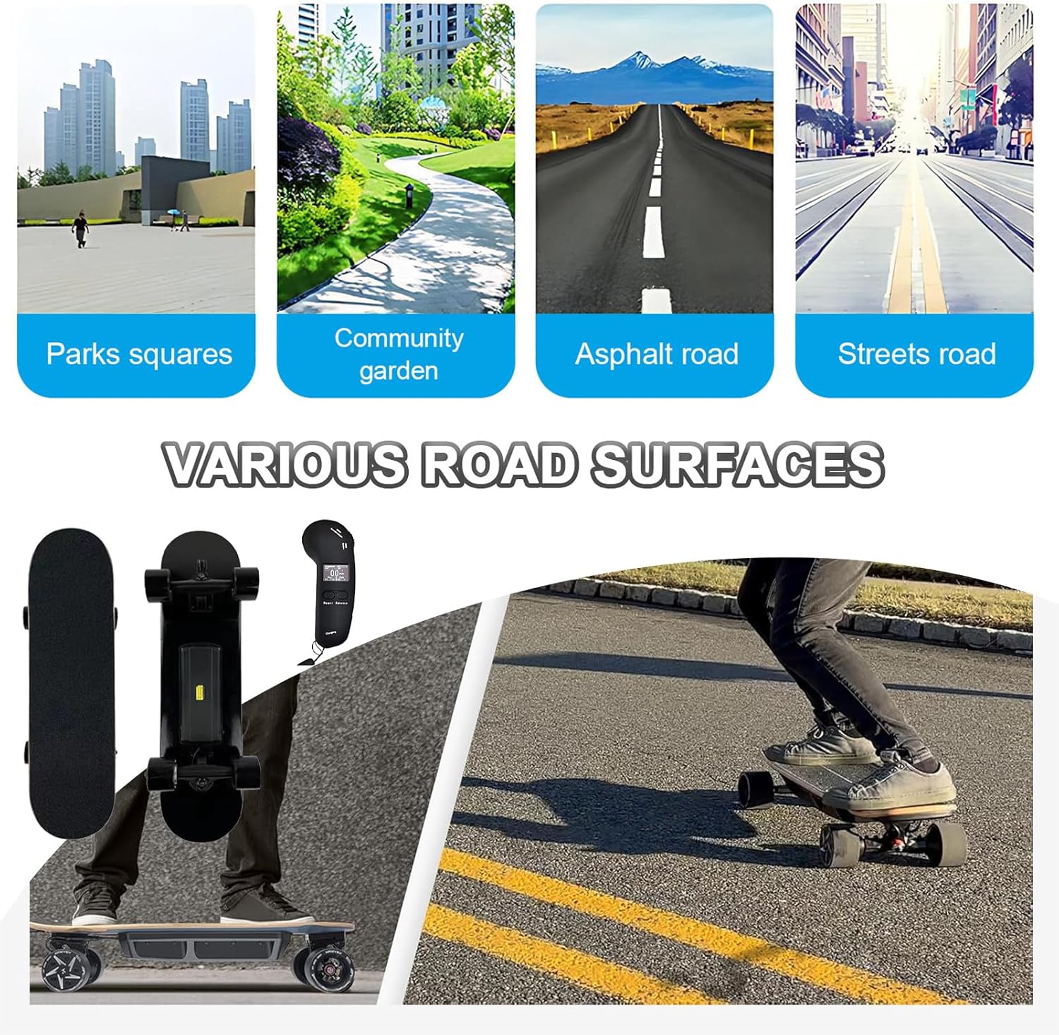 Electric Skateboard – Single/Dual Hub Motor, 15.5 MPH Top Speed, 9.3 Mile Range, 110wh Fast Charge Battery, 4 Speed Modes, Remote Control, Auto Start, for Adults & Teens D-Dual-Motor
