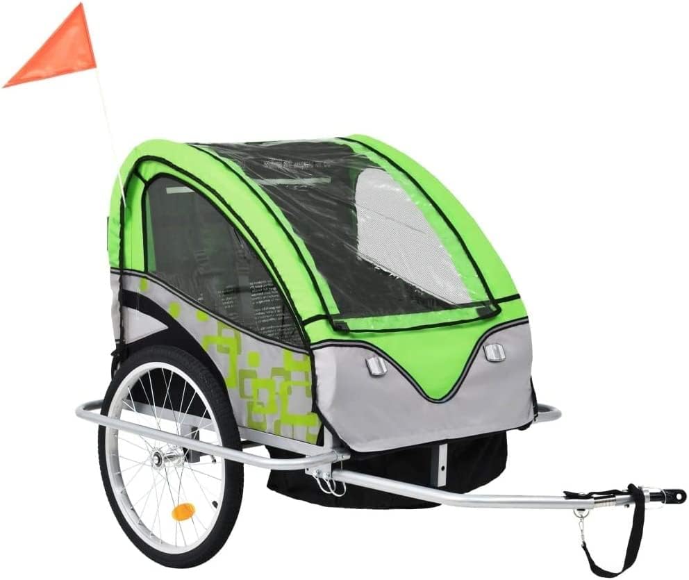 Kids Bicycle Trailer, Outdoor Cycling Recreation, Bicycle Accessories, 2-in-1 Kids' Bike Trailers & Stroller, Green and Grey