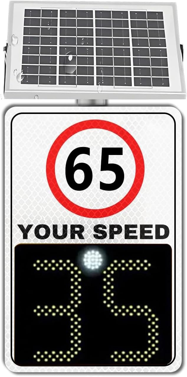 24''x35'' Solar Radar Speed Sign, LED Display Aluminum Speed Limit Sign for Highways & Roads, 65 MPH, Eco-Friendly Traffic Control Solution