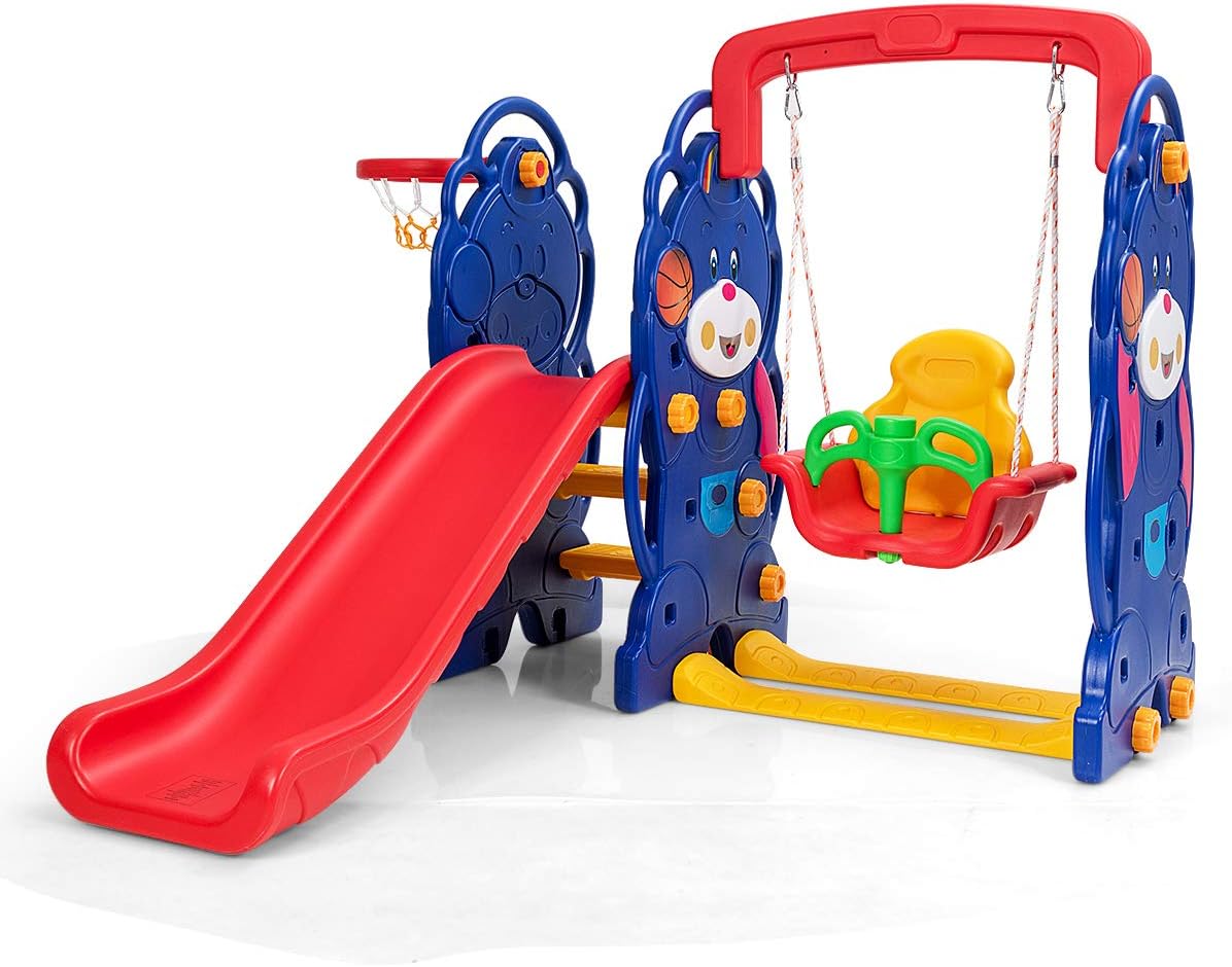 Costzon Toddler Swing and Slide Set, 3-in-1 Large Climber Slide Playset w/Basketball Hoop, Long Slide, Stairs, Thickened Panel, Playground Swing Set for Indoor Outdoor Backyard 3-10 Gifts Presents