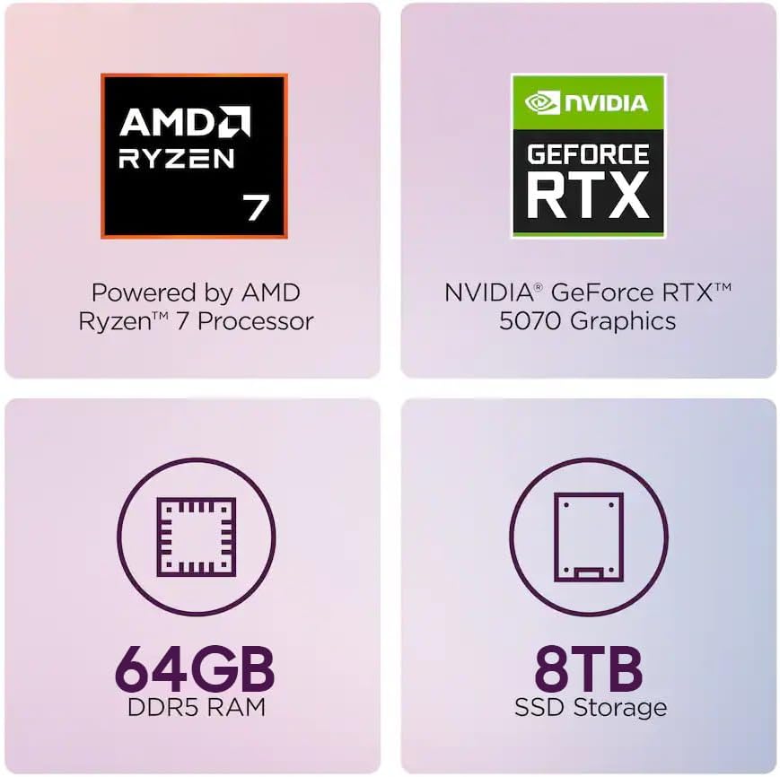 Lenovo Legion T5 Gaming Desktop PC, AMD Ryzen 7 7800X3D, NVIDIA GeForce RTX 5070 12GB GDDR7, 64 GB DDR5 RAM, 8 TB SSD + 2 TB HDD, WiFi 6E, Bluetooth5.4, Win 11 Pro, Whisper-Quiet Cooling, Accessories