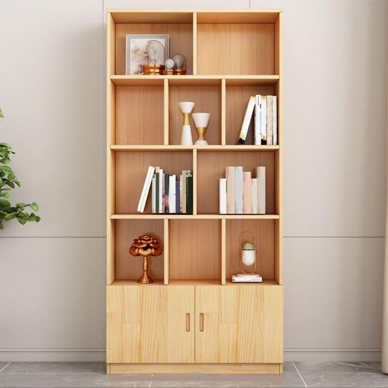 CraftThink Bookcase, Natural Pine Wood Cube Storage Organizer, Storage Display Cabinet Freestanding 5-Tier with 10-Cube and Cabinet Closed Back Bookshelf for Living Room, 35.5