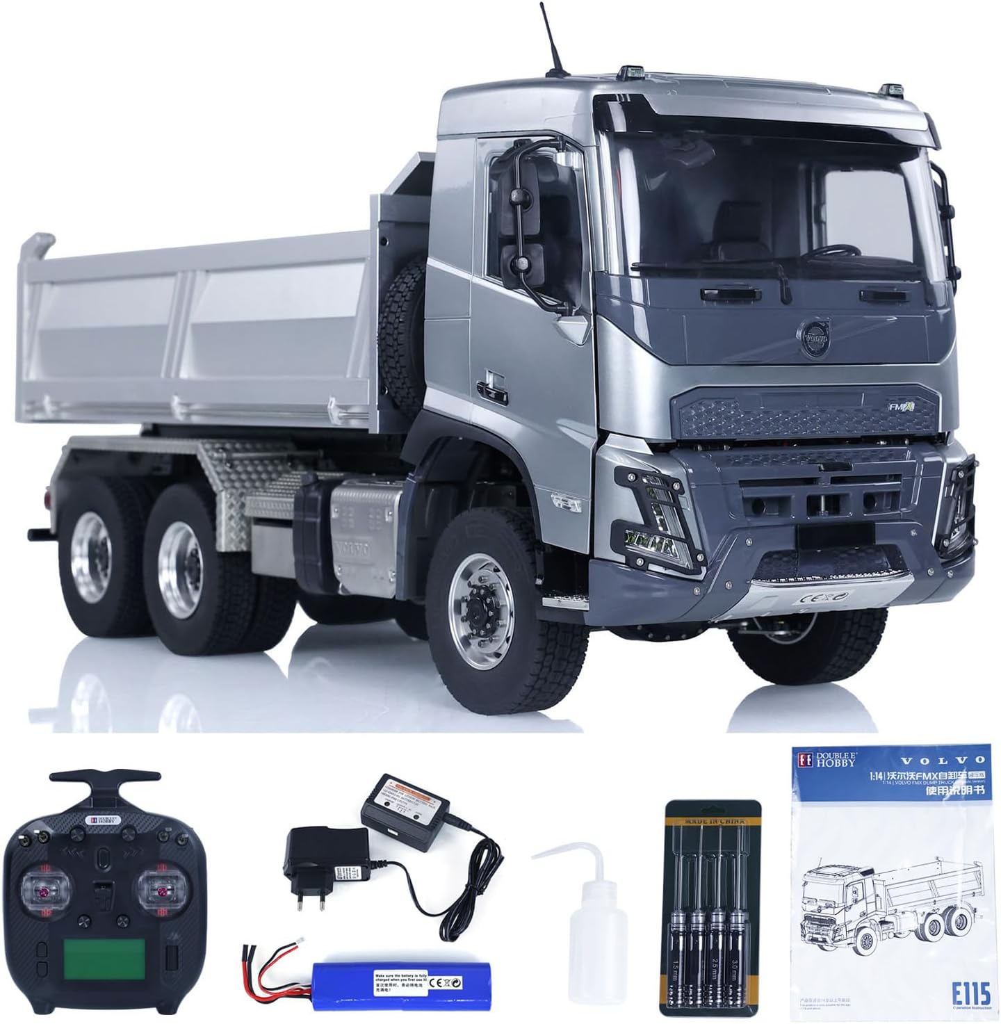 Double E 1/14 RC Hydraulic Dumper Truck 6x6 for FMX Remote Control Tipper Cars Model 2-Speed Transmission ST8 Radio Controller(Grey)