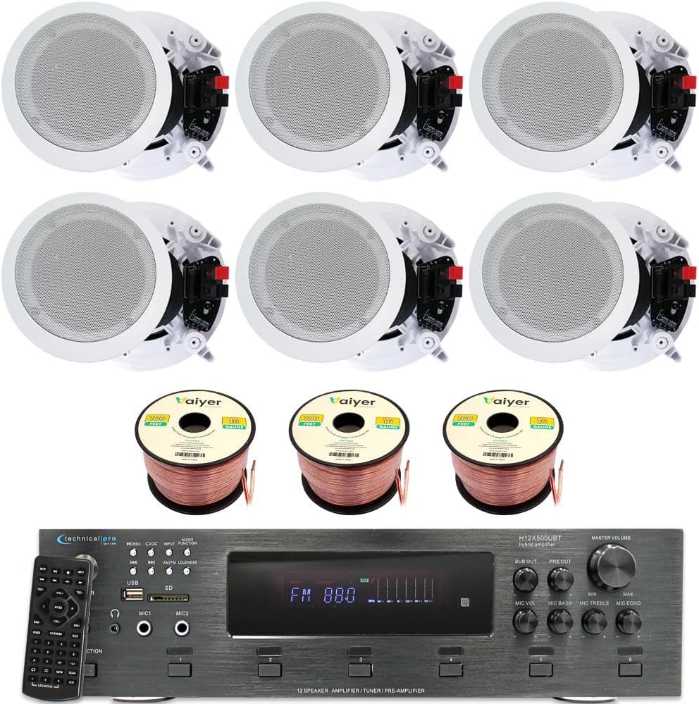 Home Stereo System Kit - 6 Channel 6000 Watts Bluetooth Amplifier w/ 6 Qty of 8 Framed Ceiling Speakers 300 W Each