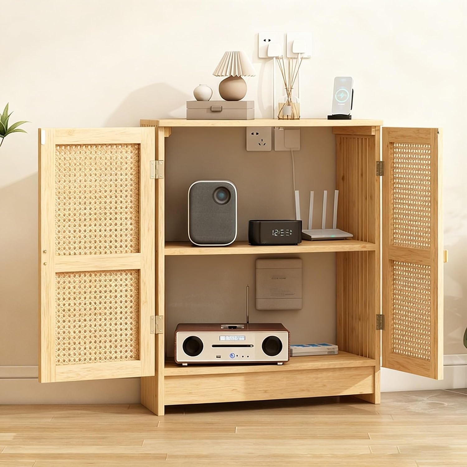 JDPYURV AV Media Cabinet with Rattan Doors & Adjustable Shelves