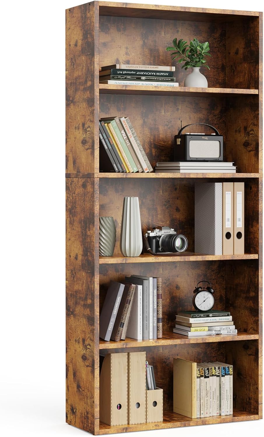 WZONICE98 5 Shelf Bookcase Storage Organizer Cabinet Open Bookshelf Anti-Tip Feature Utility Racks Tall Floor Standing Shelf Lockers for Home Office Living Room Bedroom Metal Wood Brown