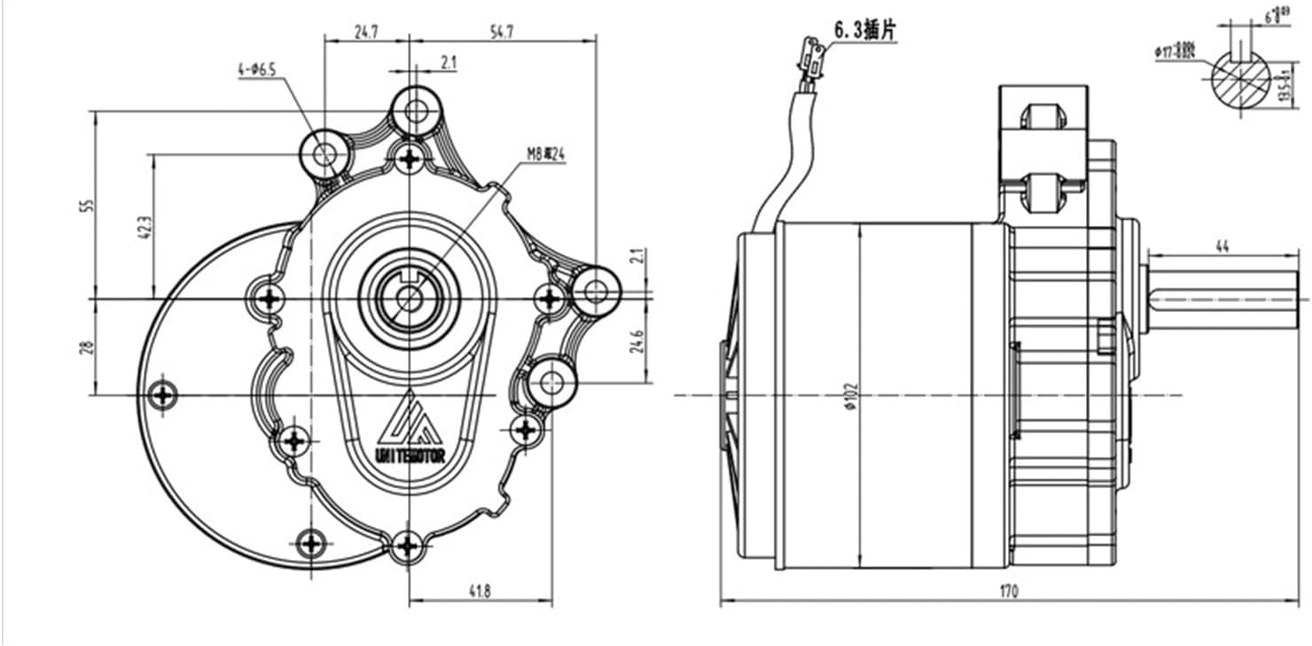 Brushed DC ar ,Low Speed Motor For Electric Wheel, 250w 24v, 75rpm / 120rpm, 44mm Long 17mm Diameter(120rpm)