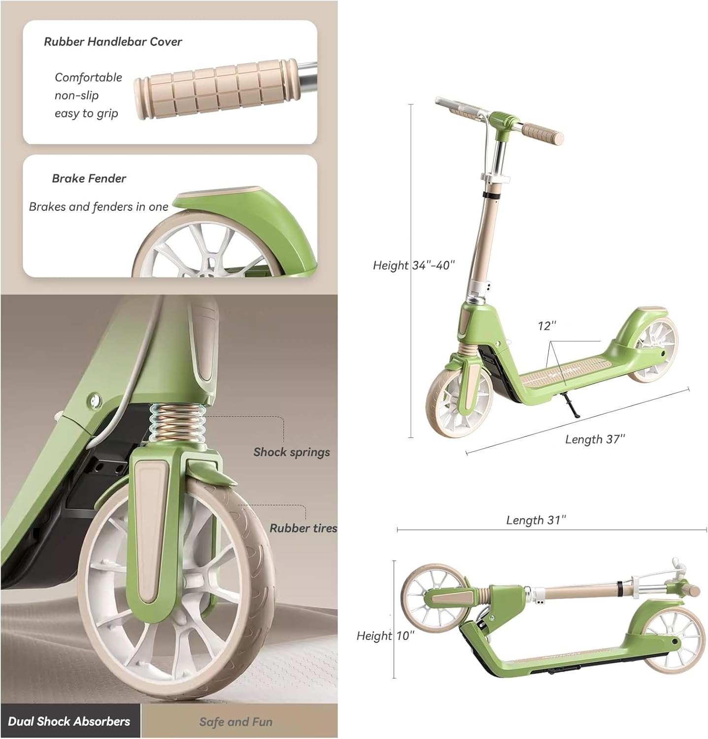 Folding Kick Scooter for Kids Teens and Adults,Adjustable Helght,Non-Slip Deck,Dual Brakes System,Best Gift for Age 6 Up Kids Girls Boys Teens, 220Lb Weight Limit