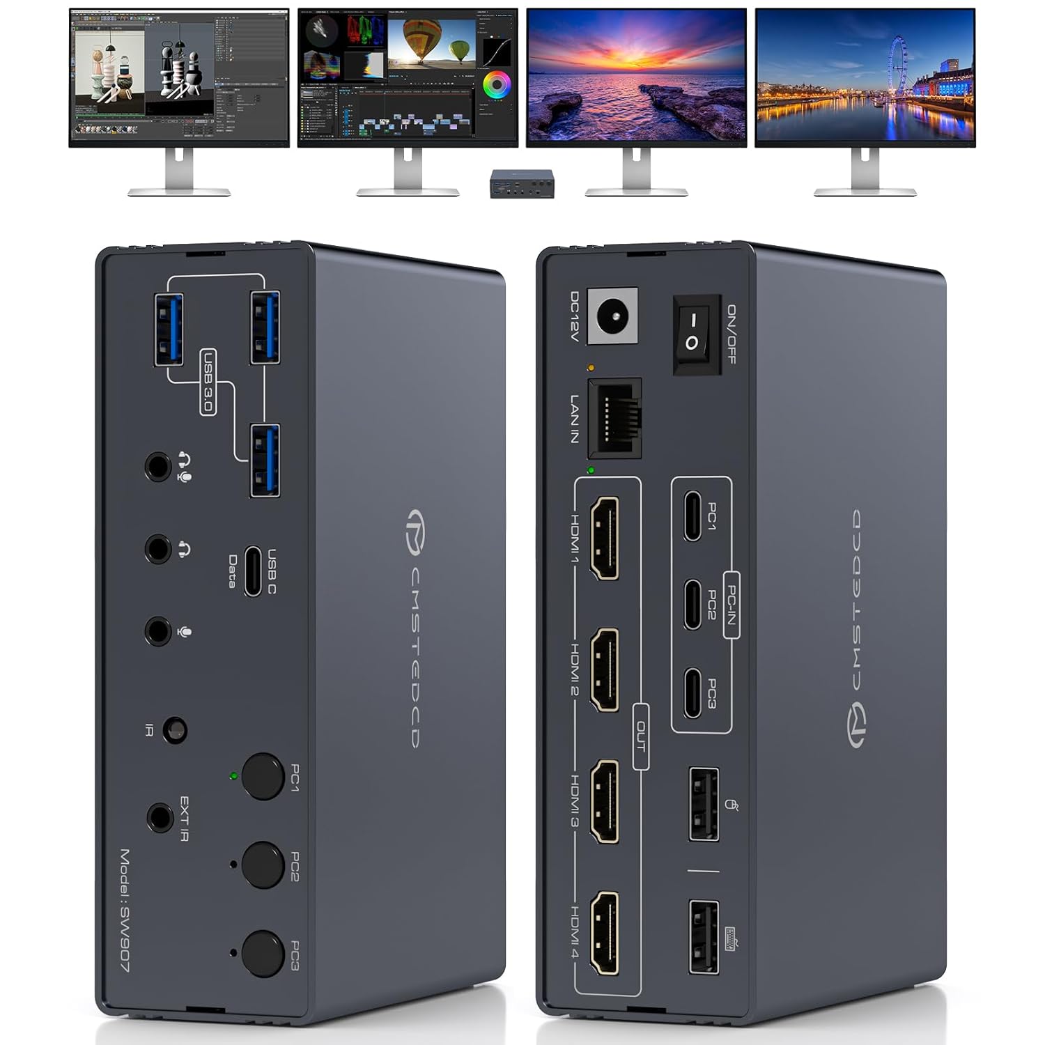 USB C KVM Switch Docking Station 3 Computers 4 Monitors for M1 M2 M3 M4 with Displaylink Technology,4K60Hz HDMI KVM Multi-Monitor Extended/Mirrored Display Out for Windows Mac