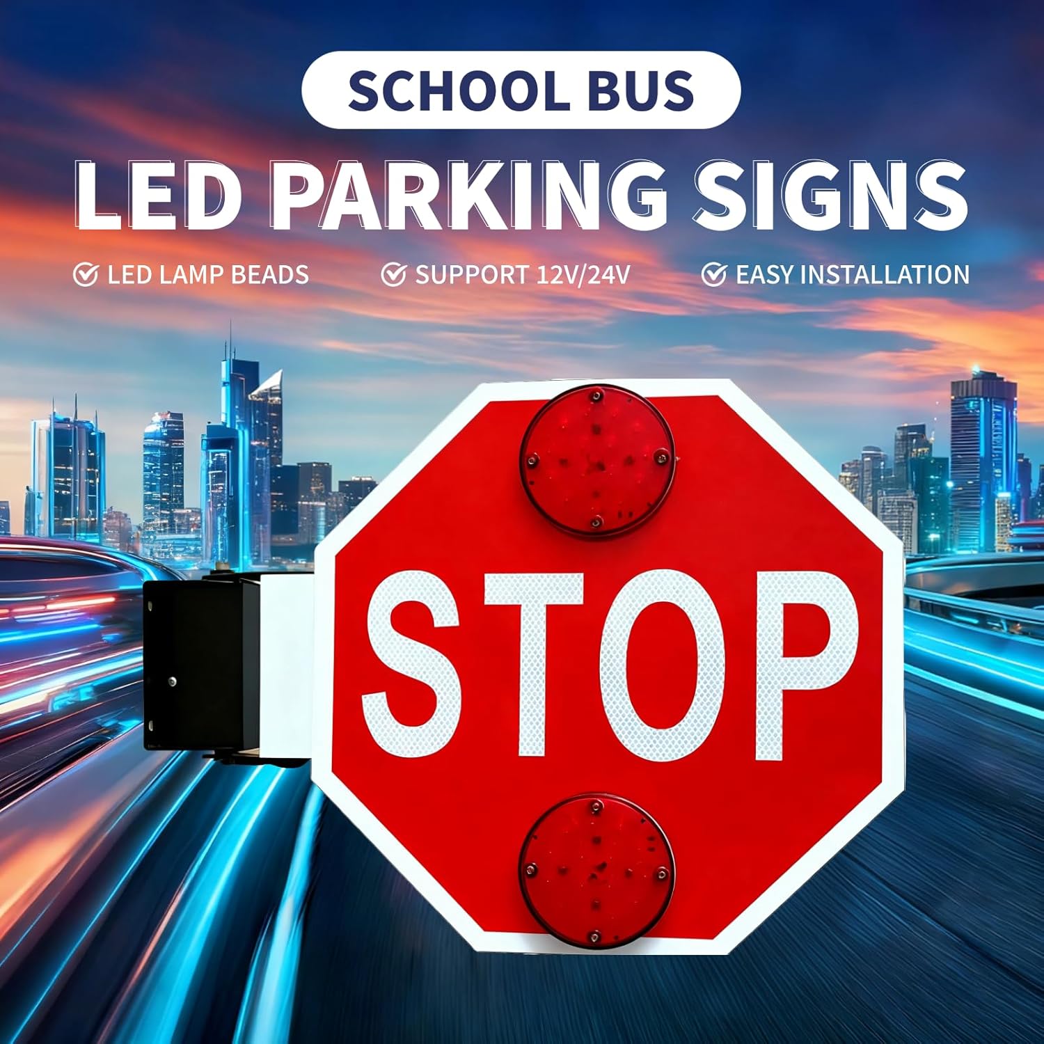 Reflective Double-Sided School Bus Stop Sign with Electronic Controller, High Visibility Aluminum, 12V/24V, Available in 1/2/4 Packs for School Bus Lanes - 2Pcs 12V