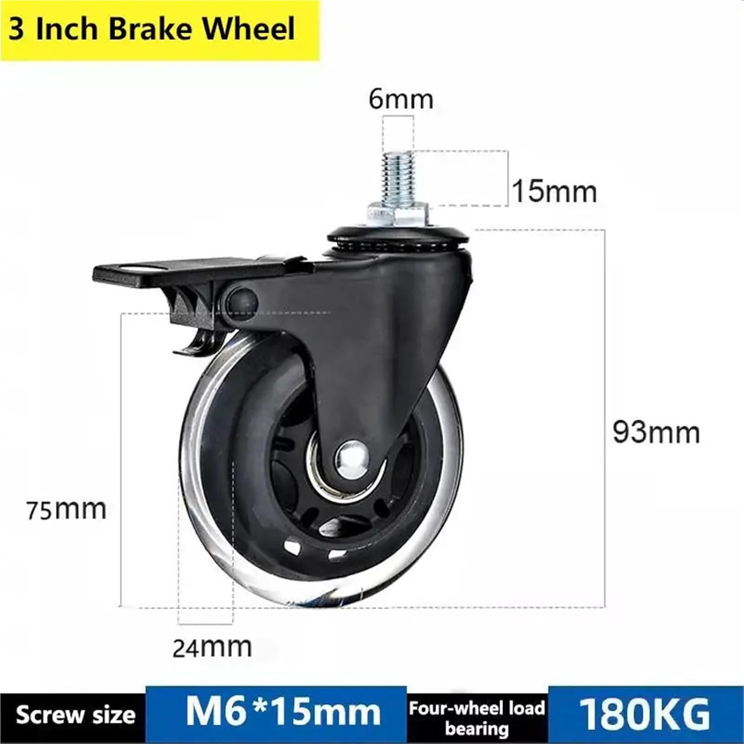 5Pcs 3 Inch M6/M8/M10 PU Screw Roller Ice Wheel Electrophoresis Entertainment Equipment Scooter(M6-Brake)