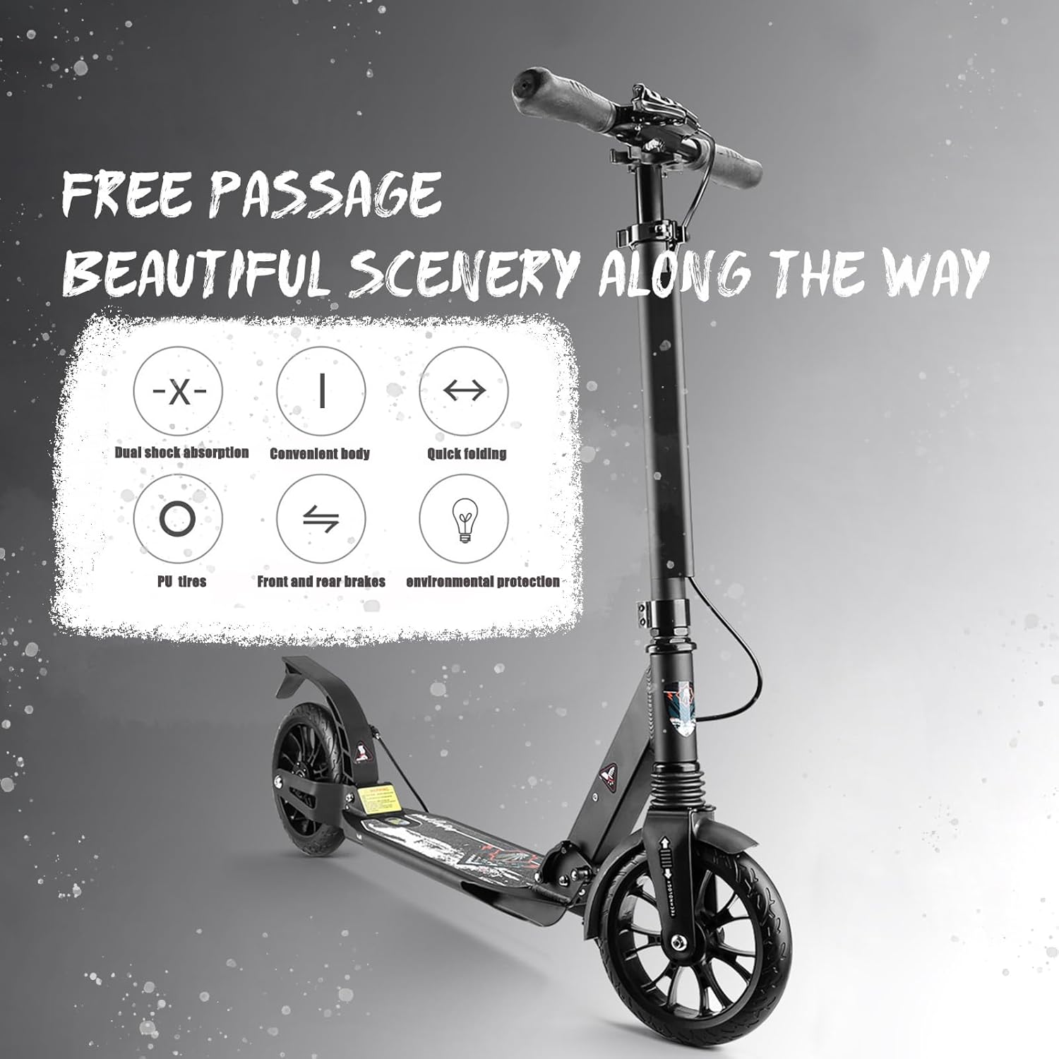 Adult Kick Scooter with Brakes, Aluminum Alloy Scooter for Teens & Adults, with Foot Support Frame, Shock AbsorptionDesign, 3 Second Folding, Wear Resistant Big Wheels for Indoor & Outdoo