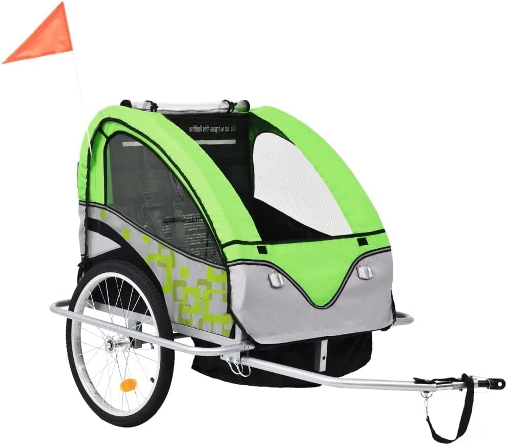 Kids Bicycle Trailer, Outdoor Cycling Recreation, Bicycle Accessories, 2-in-1 Kids' Bike Trailers & Stroller, Green and Grey
