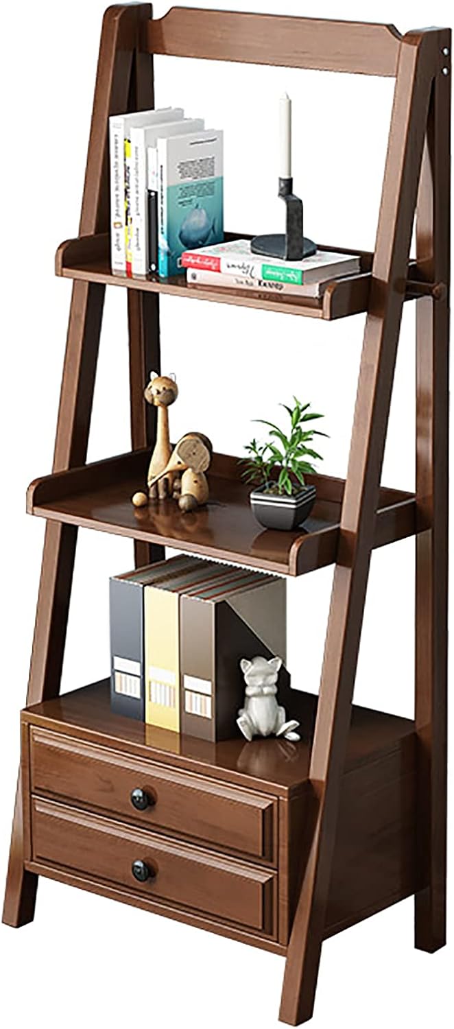 Wddwymll 2-Tier Ladder Shelf Industrial Bookcase,Storage Display Shelving with Drawer and 2 Shelves,Leaning Rustic Bookcases,for Living Room,Bedroom,Office(60×35×140cm)