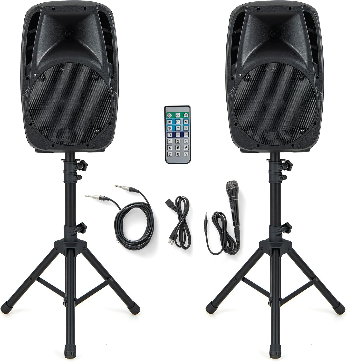 Costzon Portable 1600W 2-Way Powered PA Speaker System, Professional DJ Speakers with Active + Passive Loud Set, 2 Stands, Microphone, Bluetooth, USB/SD Card Input, FM Radio,Remote (2-Way)
