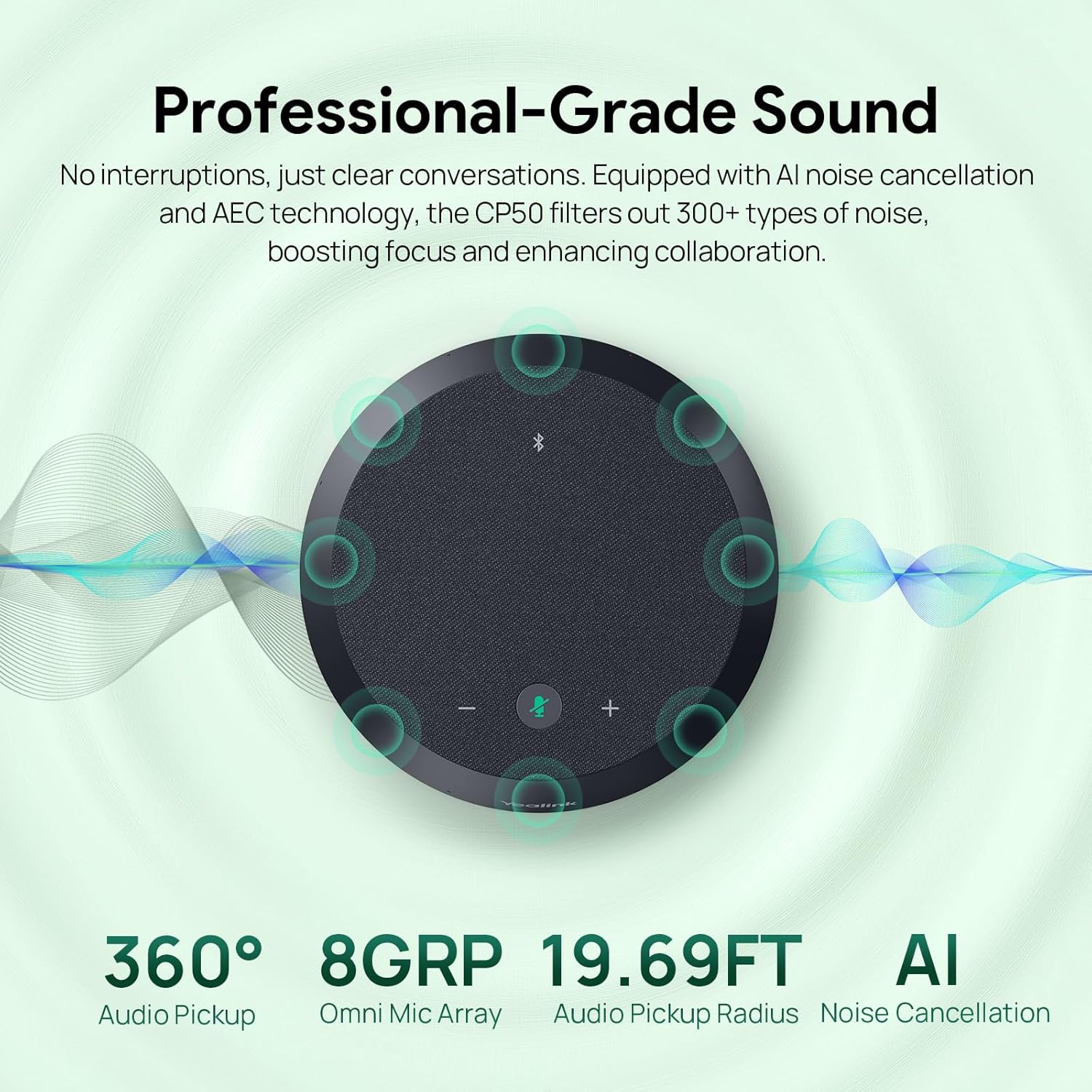 Yealink CP50 Conference Call Speaker and Microphone with Ai Noise Cancellation, Speakerphone for Teams Room, 8 360° Omnidirectional Mics, Bluetooth, USB-C, Daisy Chain, 19.69ft Pickup