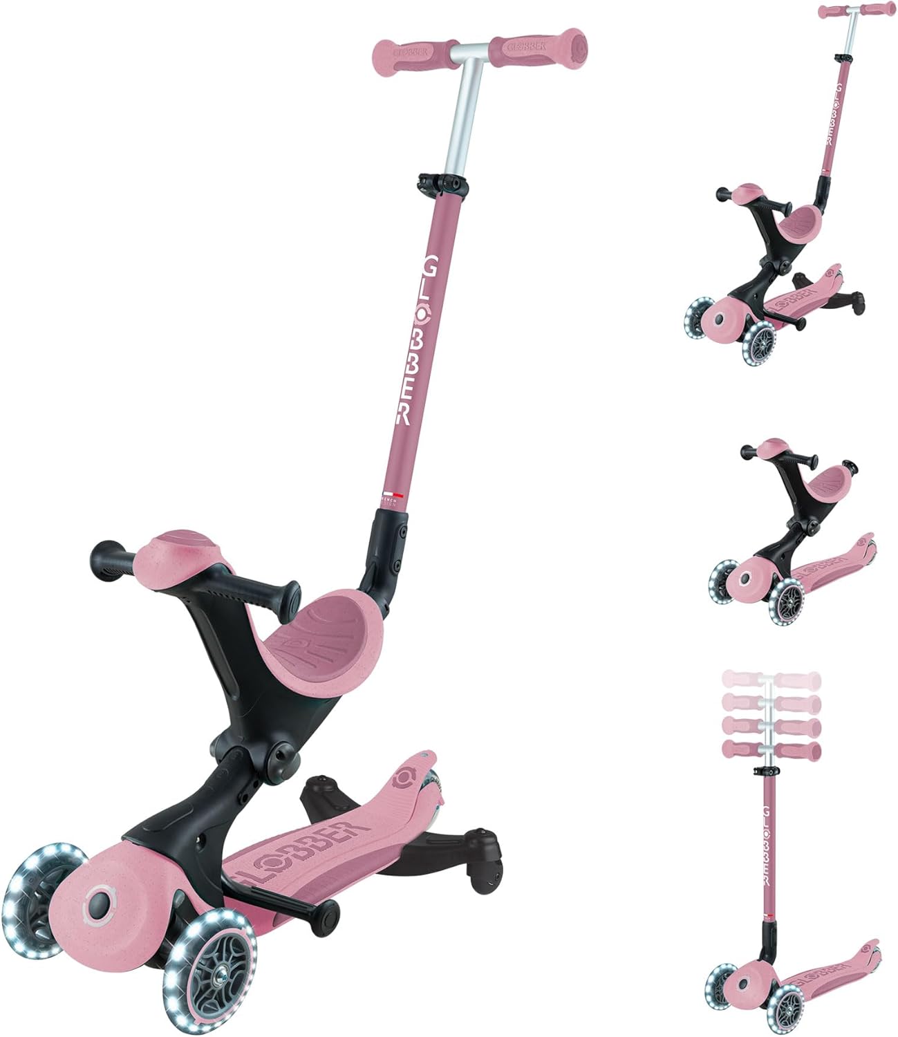 Globber - GO•UP Deluxe Lights ECO 360-3-Wheel Scooter with 360° Rotatable Seat, Footrest, LED and Durable Materials, 15 Months to 6 Years - Berry Pink