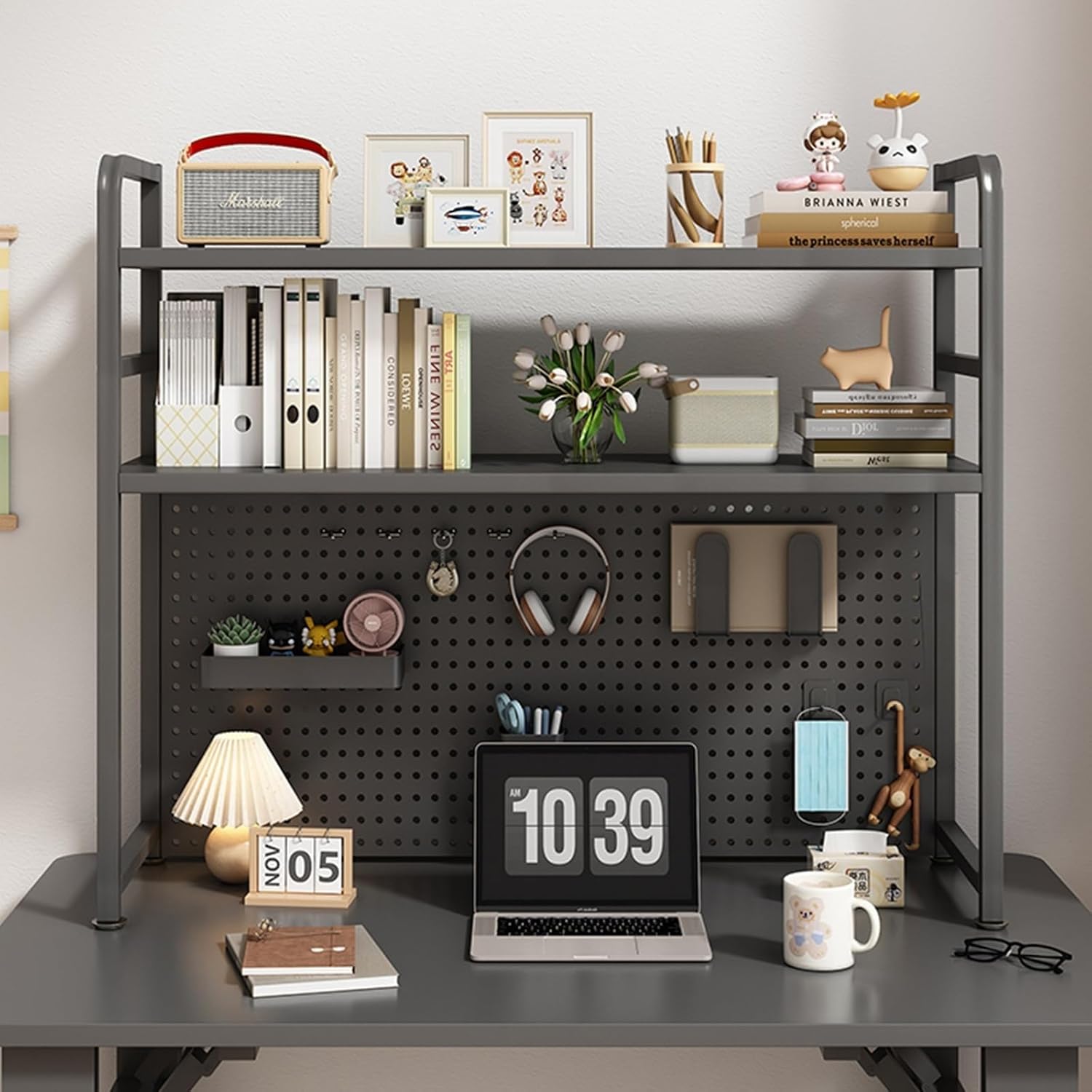 Adjustable Desk Bookshelf Organizer Rack - 2 Tier Industrial Desktop Bookcase for Computer Desk, Wrought Iron Multipurpose Countertop Hutch Bookshelf, for Office Dorm Desk Books Display Rack(Black,115