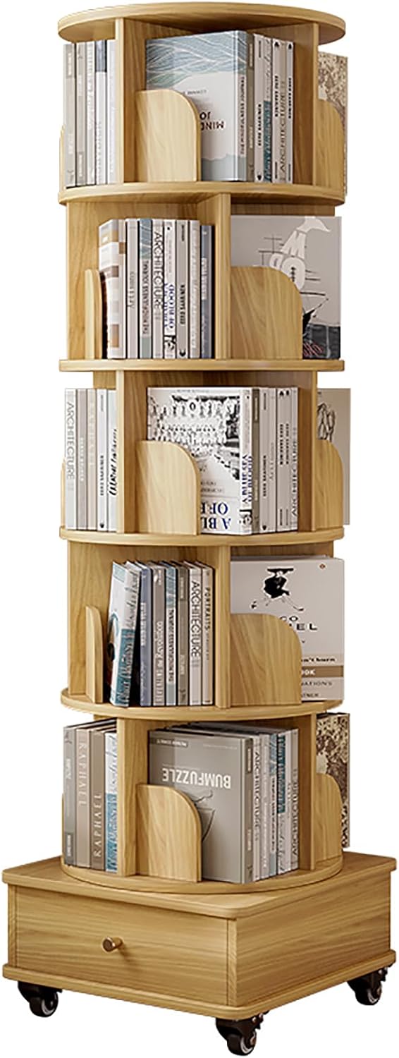 NauaVa Rotating Bookshelf, 4 Tier Bookcase with Brake Wheels 360° Display Round Bookshelf Narrow Swivel Corner Book Shelf Standing Bookcase for Adult Bedroom, Living Room (Burlywood 5 Tier)