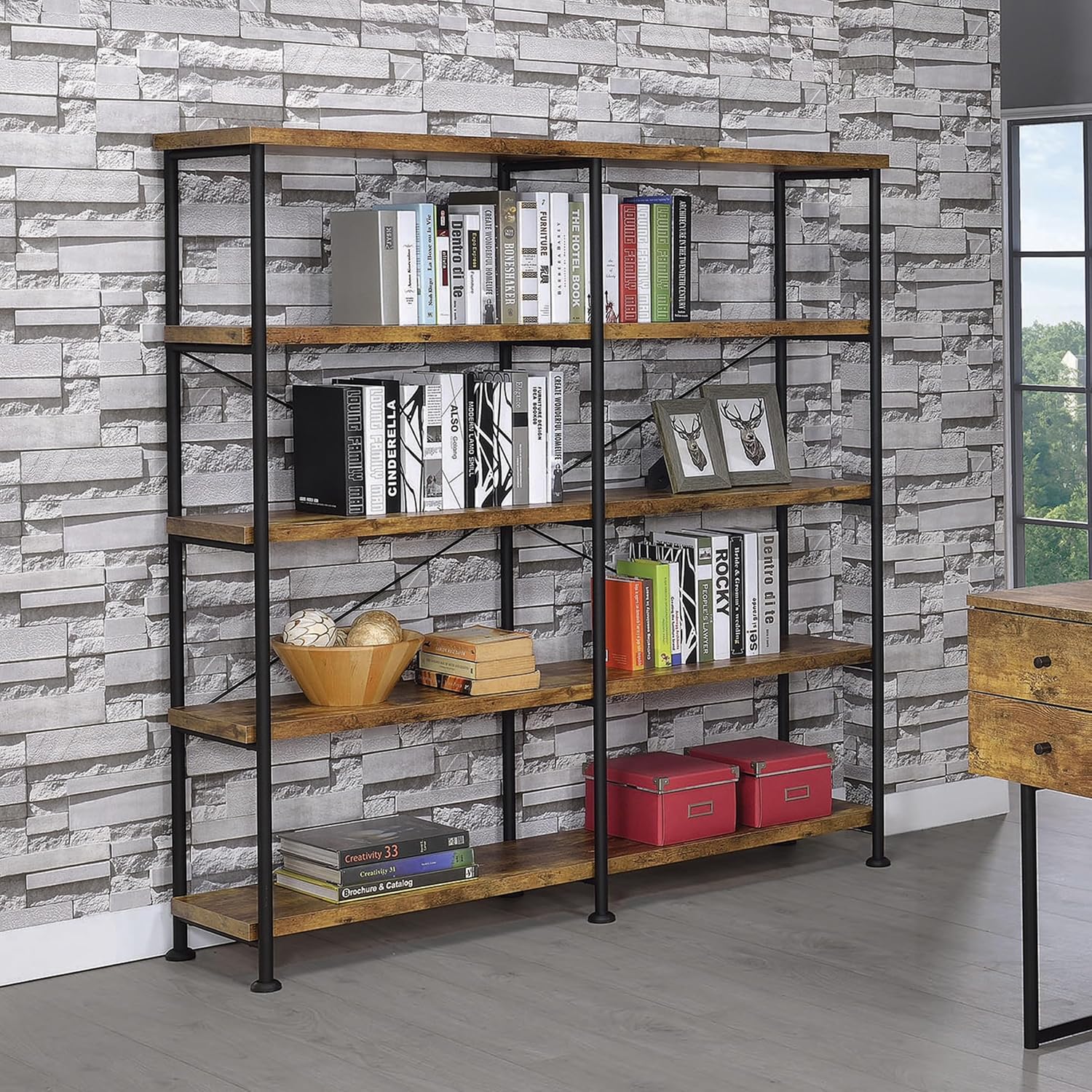 Jenvor Double-Wide Bookcase Antique Nutmeg and Black, 4-Tier Industrial Wood and Metal Bookshelf 60